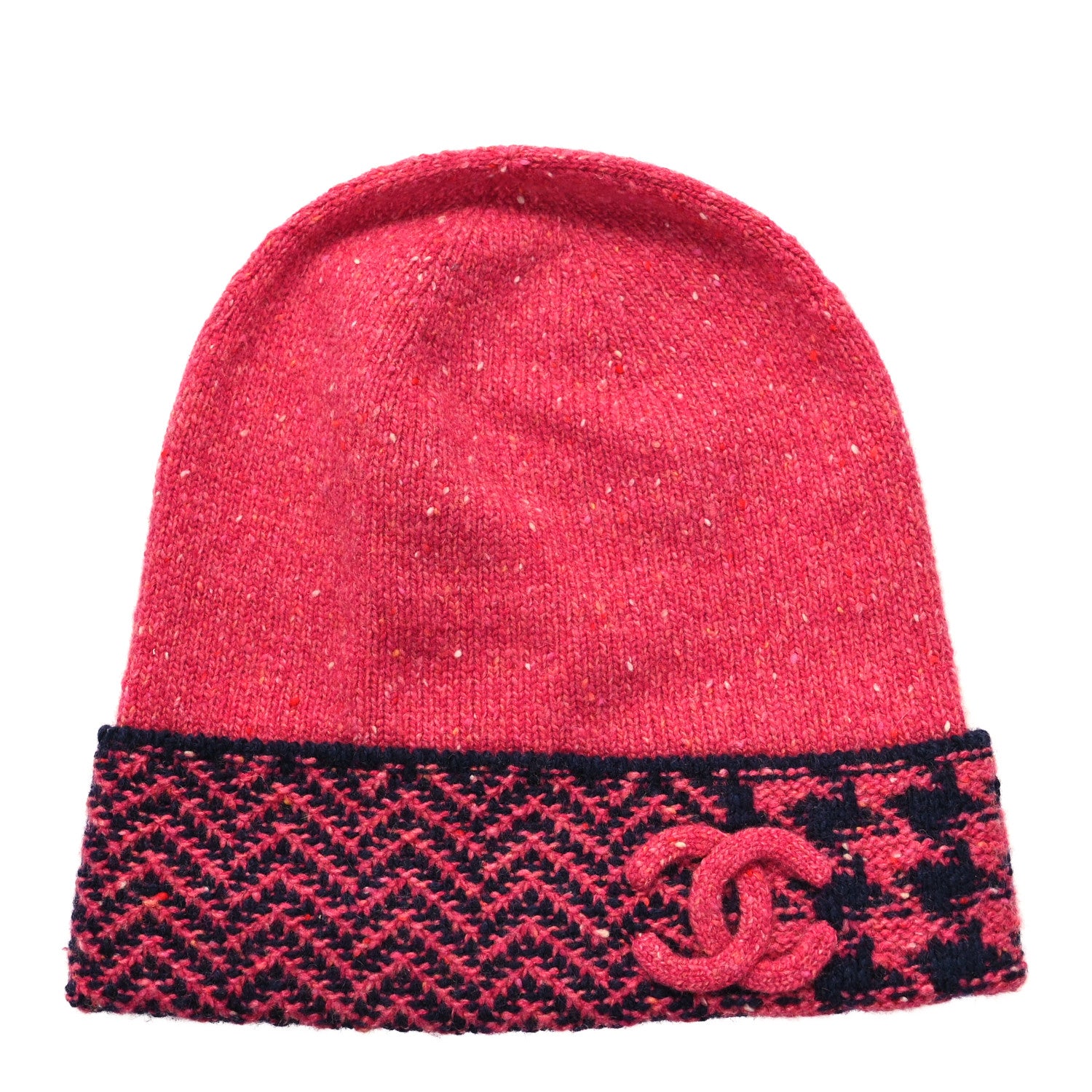 Chanel Cashmere Quilted CC Beanie Hat Pink Navy Blue 1 of 5