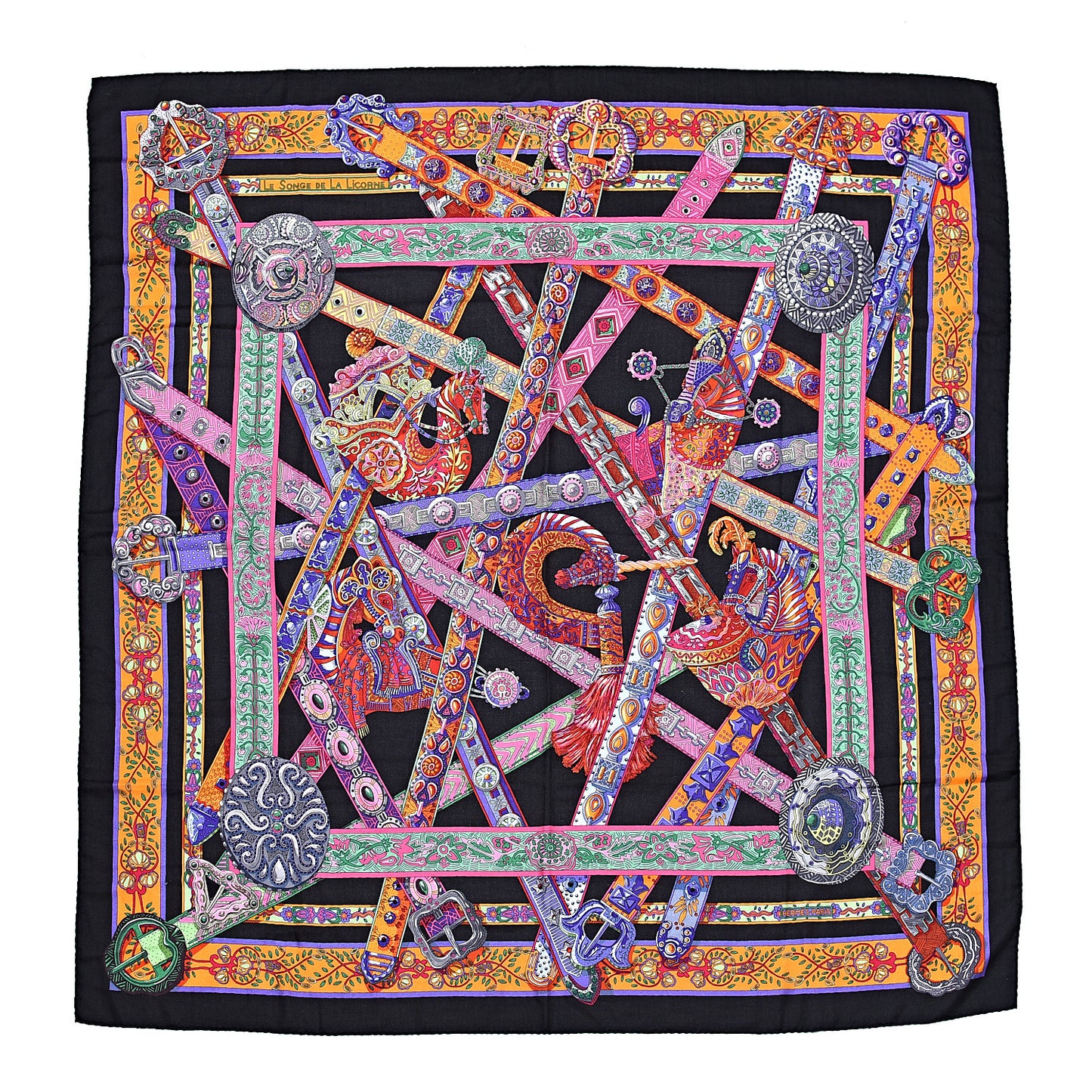 Cashmere Silk Le Songe De La Licorne Shawl 140 Black Orange Rouge Vif