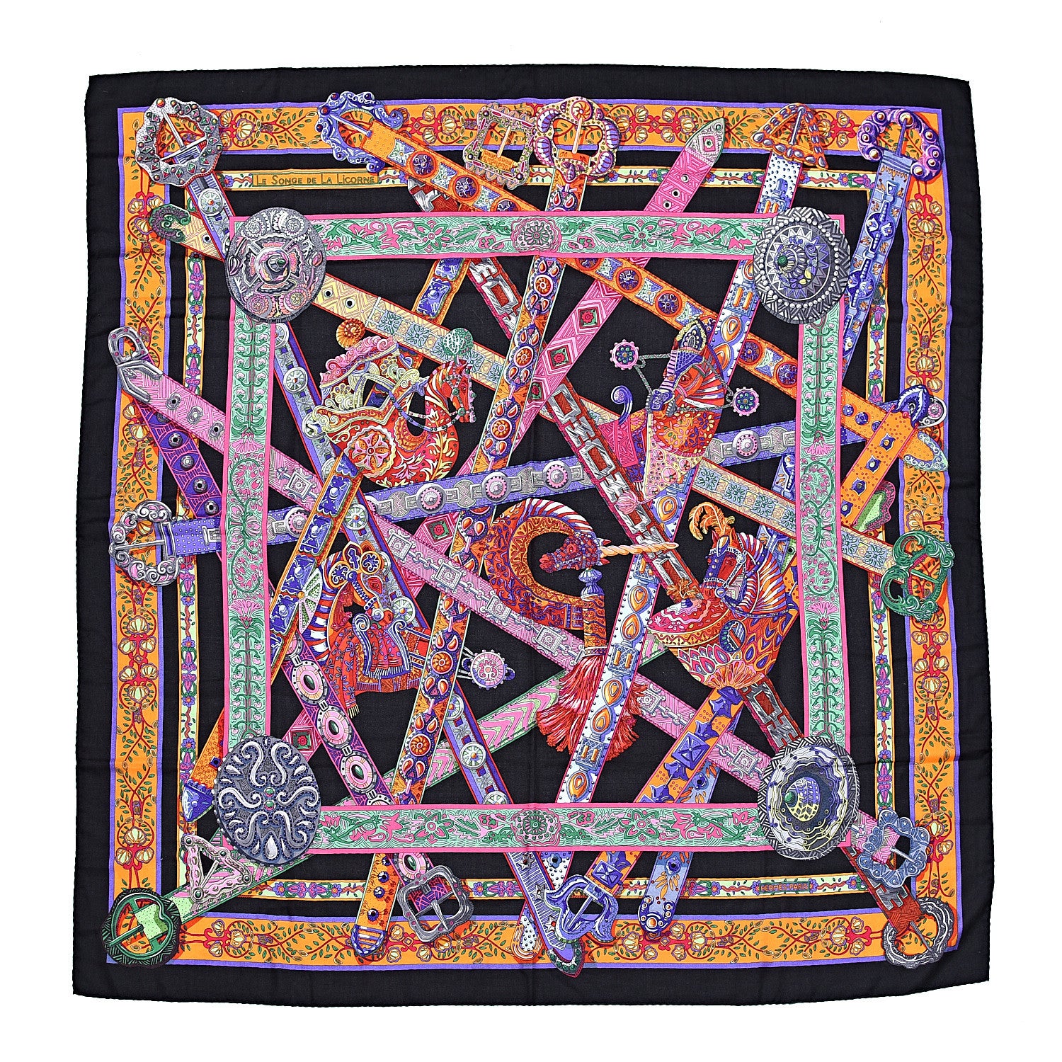 Hermes Cashmere Silk Le Songe De La Licorne Shawl 140 Black Orange Rouge Vif 1 of 5