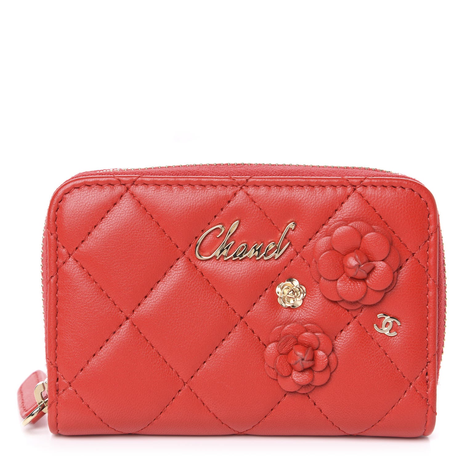 Chanel Lambskin Quilted Camellia Zip Coin Purse Red 1 of 7