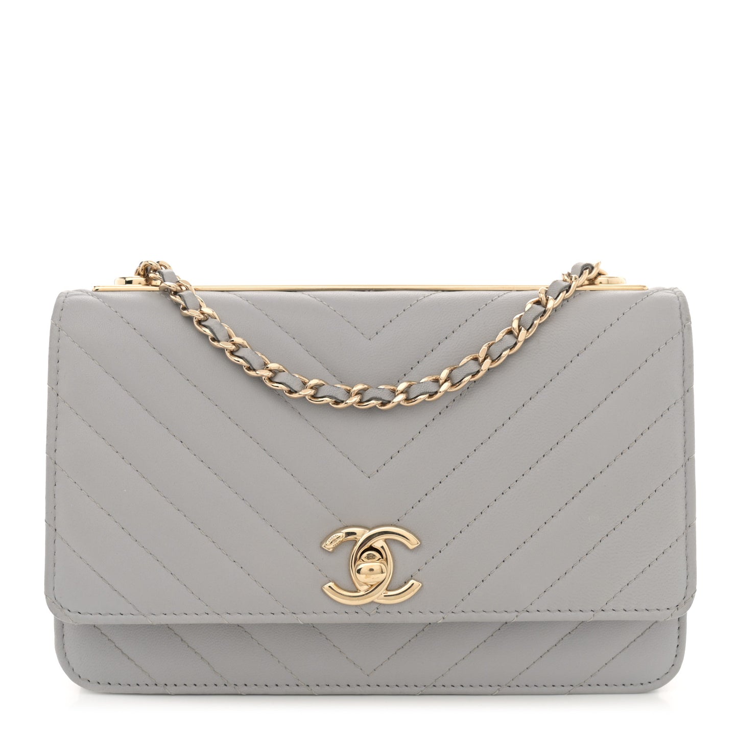 Lambskin Chevron Quilted Trendy CC Wallet On Chain WOC Grey