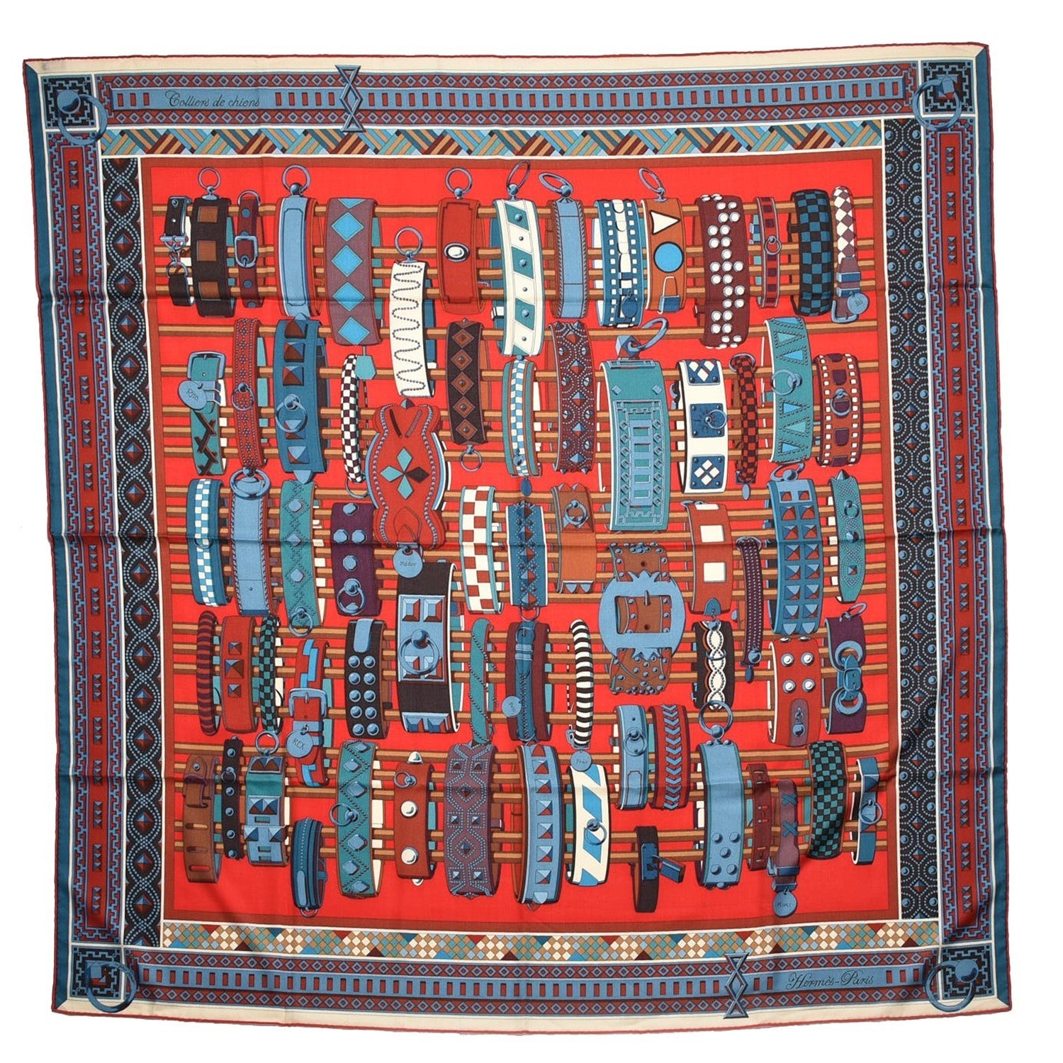 Hermes Cashmere Silk Colliers de Chiens Shawl 140 Rouge Petrole Canard 1 of 10