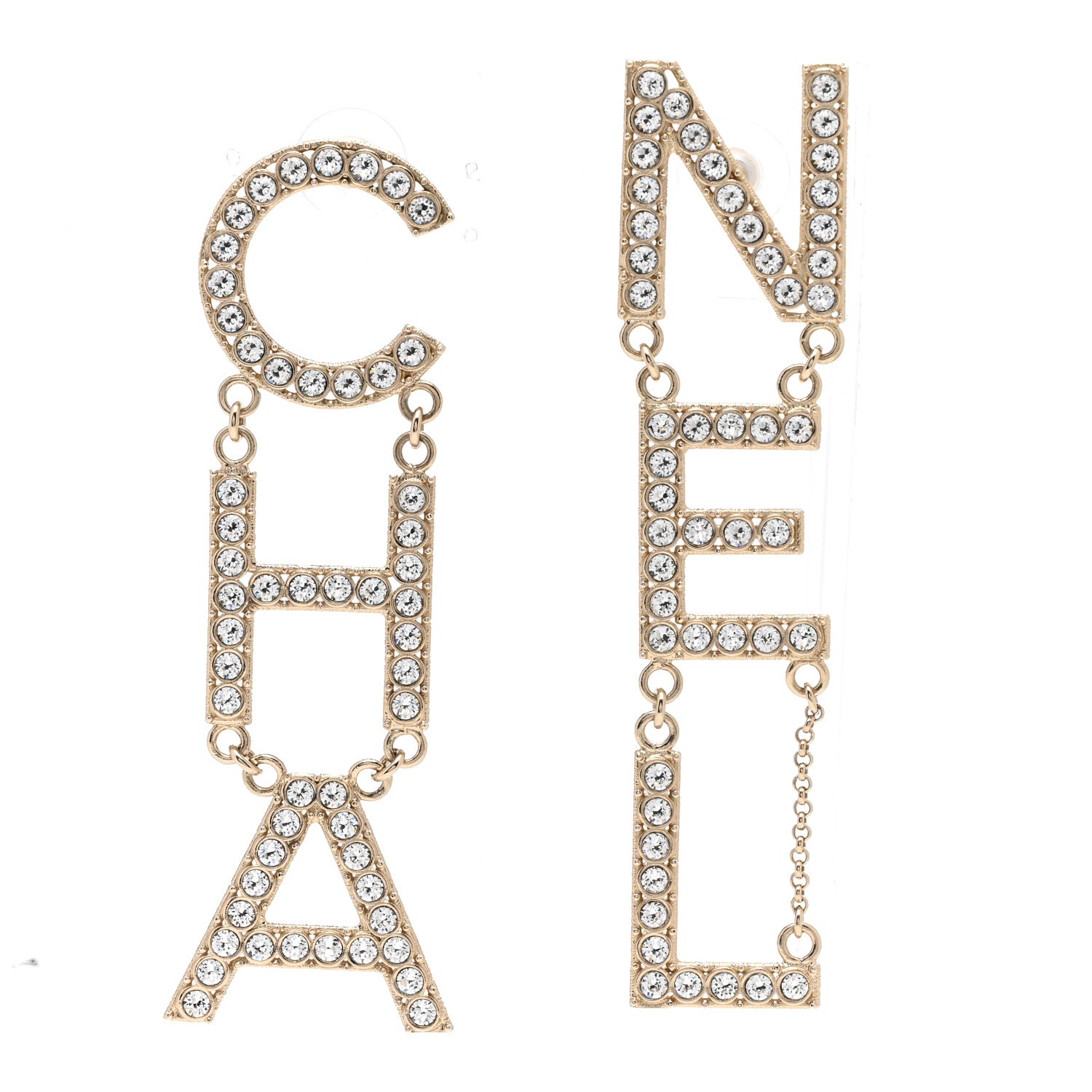 Chanel Crystal Cha-Nel Logo Drop Earrings Gold 1 of 4