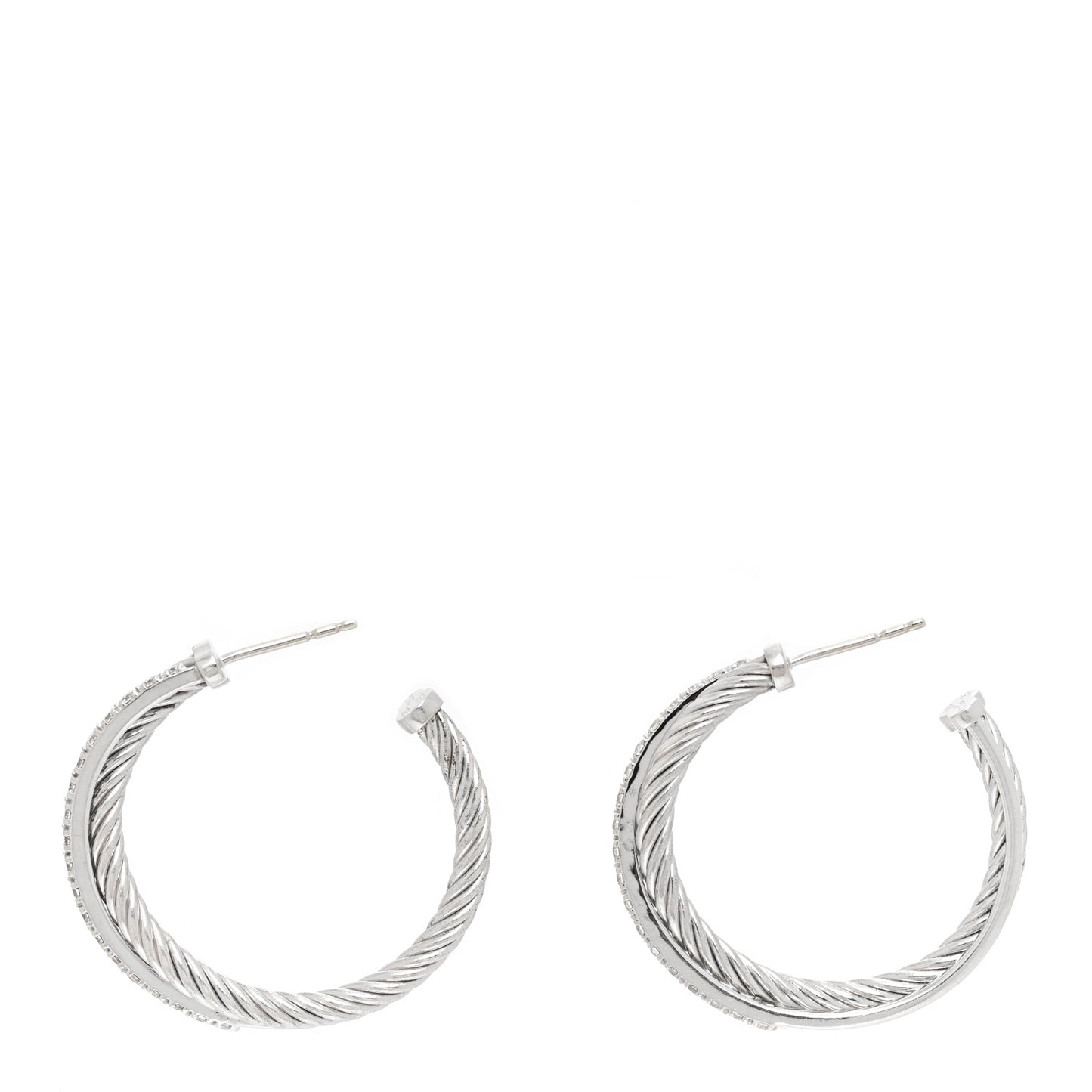 Sterling Silver 14K White Gold Diamond Medium Crossover Hoop Earrings