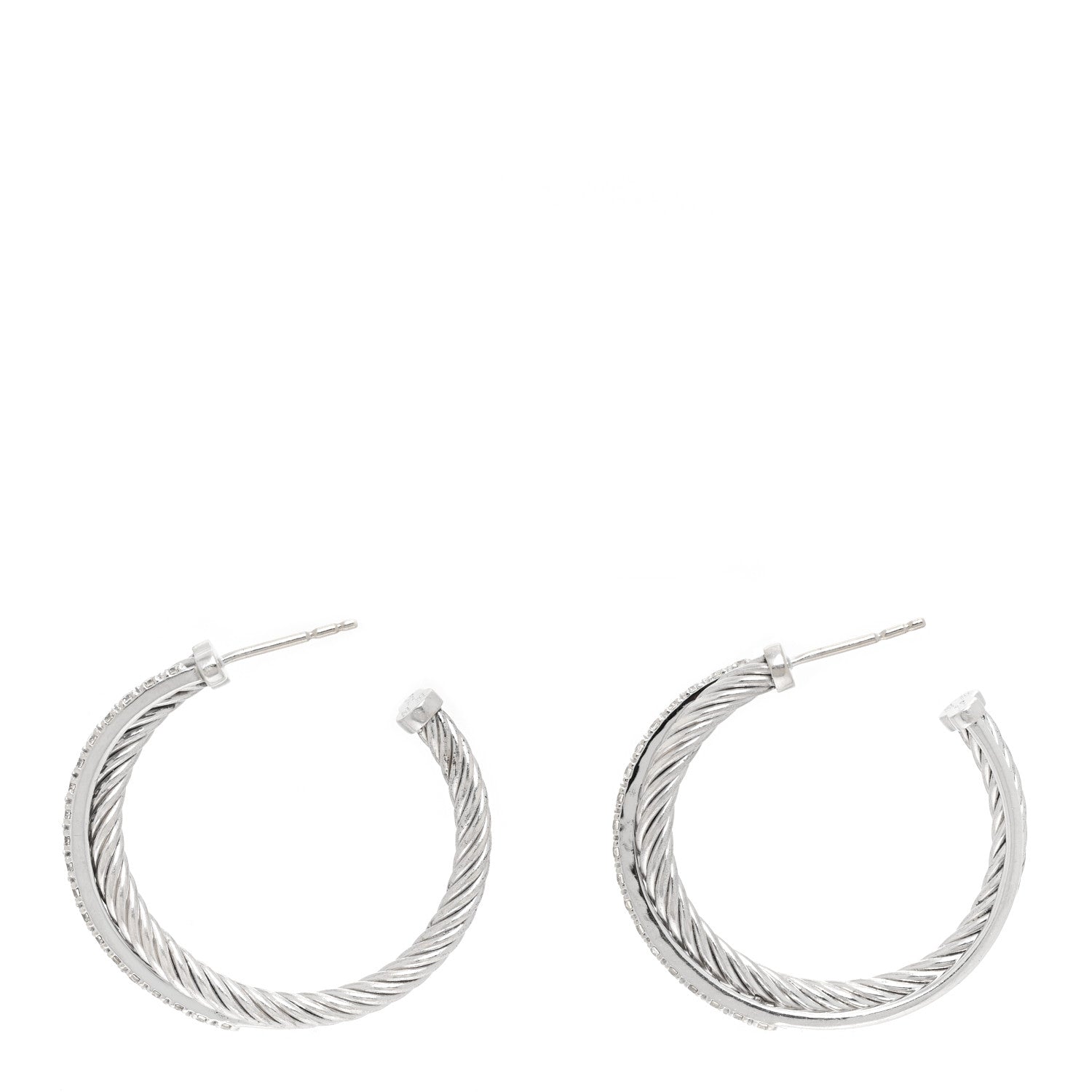 David Yurman Sterling Silver 14K White Gold Diamond Medium Crossover Hoop Earrings 3 of 4