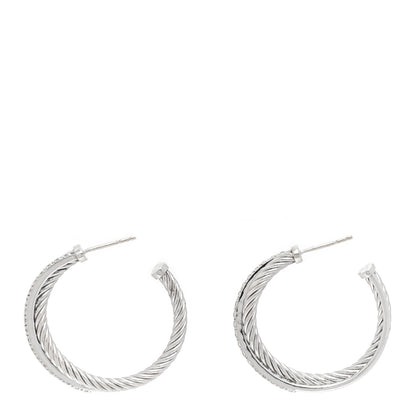 David Yurman Sterling Silver 14K White Gold Diamond Medium Crossover Hoop Earrings 3 of 4