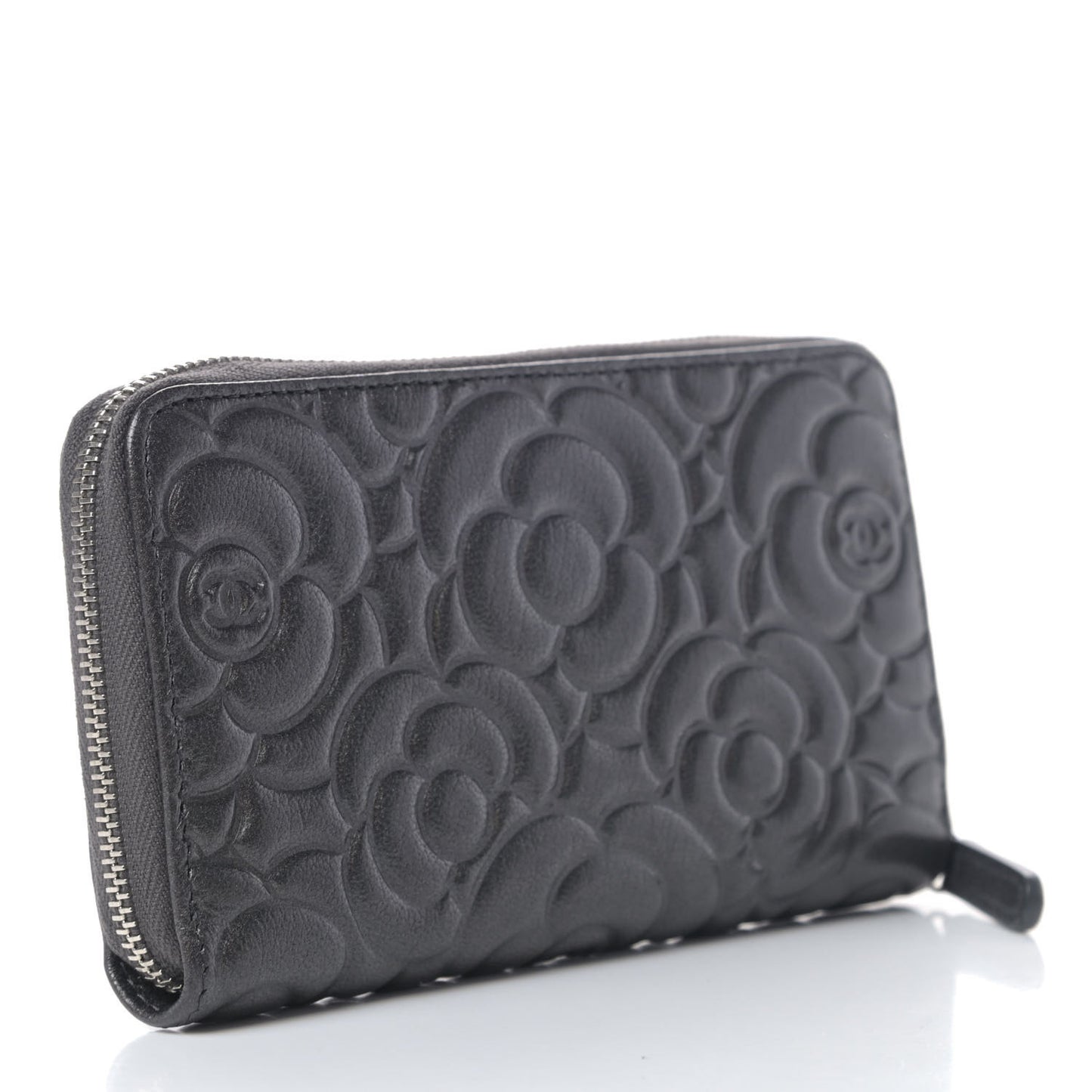 Goatskin Camellia Embossed Medium Zip Around Wallet Dark Grey