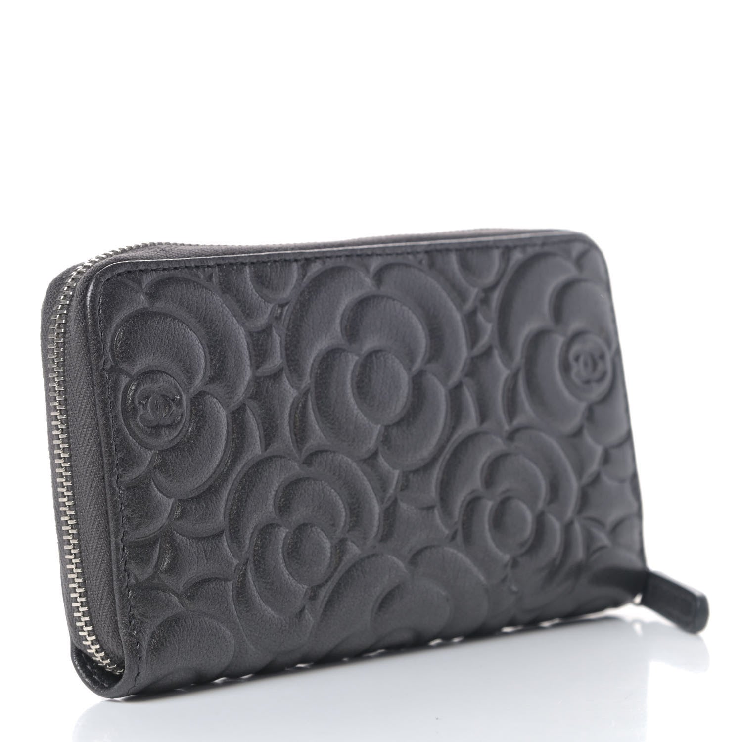 Chanel Goatskin Camellia Embossed Medium Zip Around Wallet Dark Grey 3 of 5