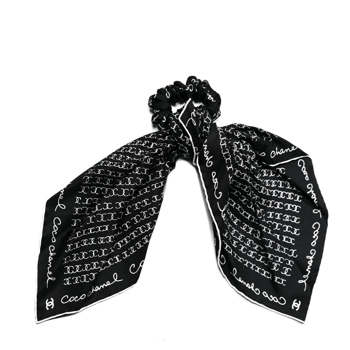 Silk Twill Square Scarf Hair Tie Black White