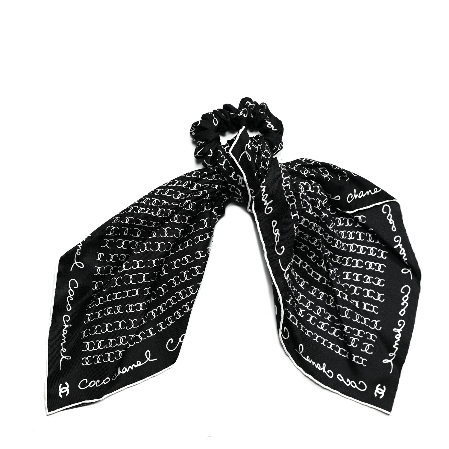 Chanel Silk Twill Square Scarf Hair Tie Black White 1 of 6
