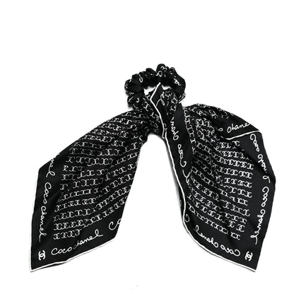 Chanel Silk Twill Square Scarf Hair Tie Black White 1 of 6