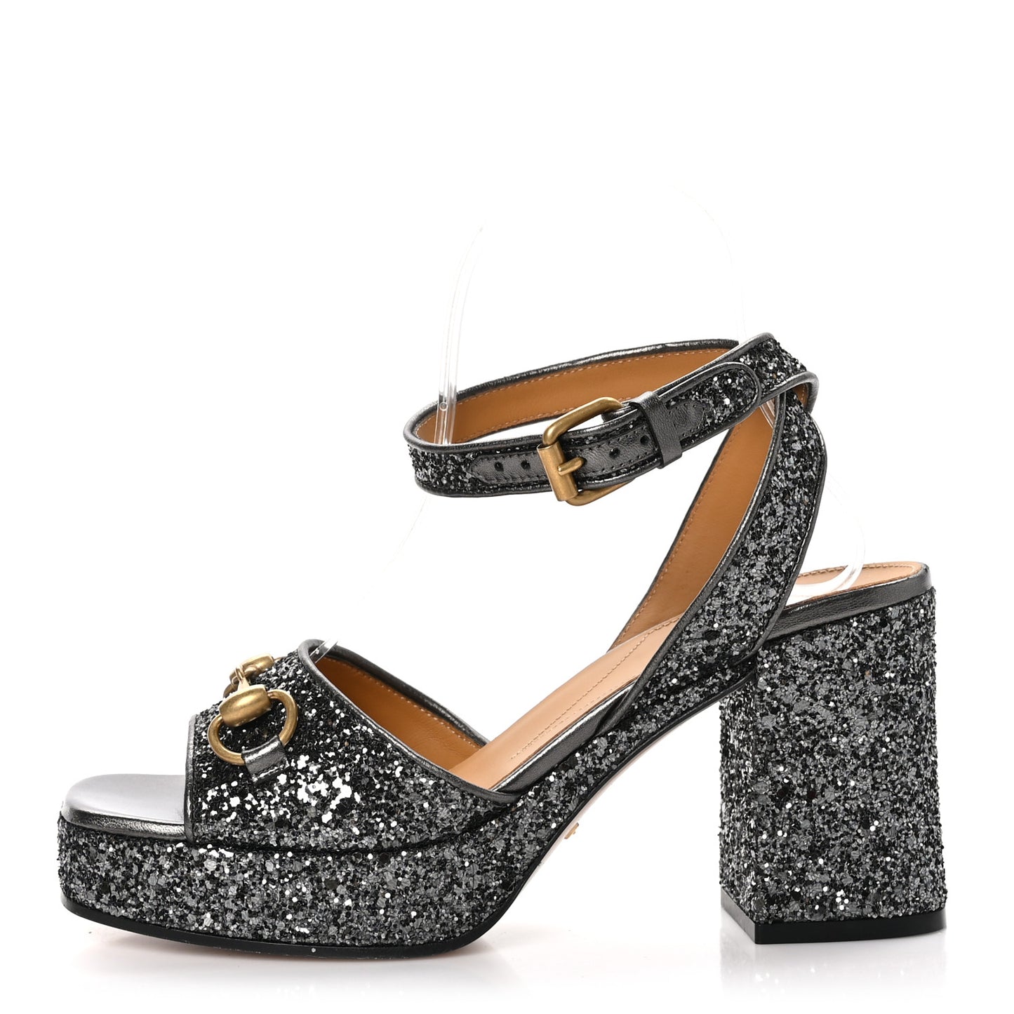 Glitter Nappa Silk Lady Horsebit 60mm Platform Sandals 37 Light Grey Anthracite