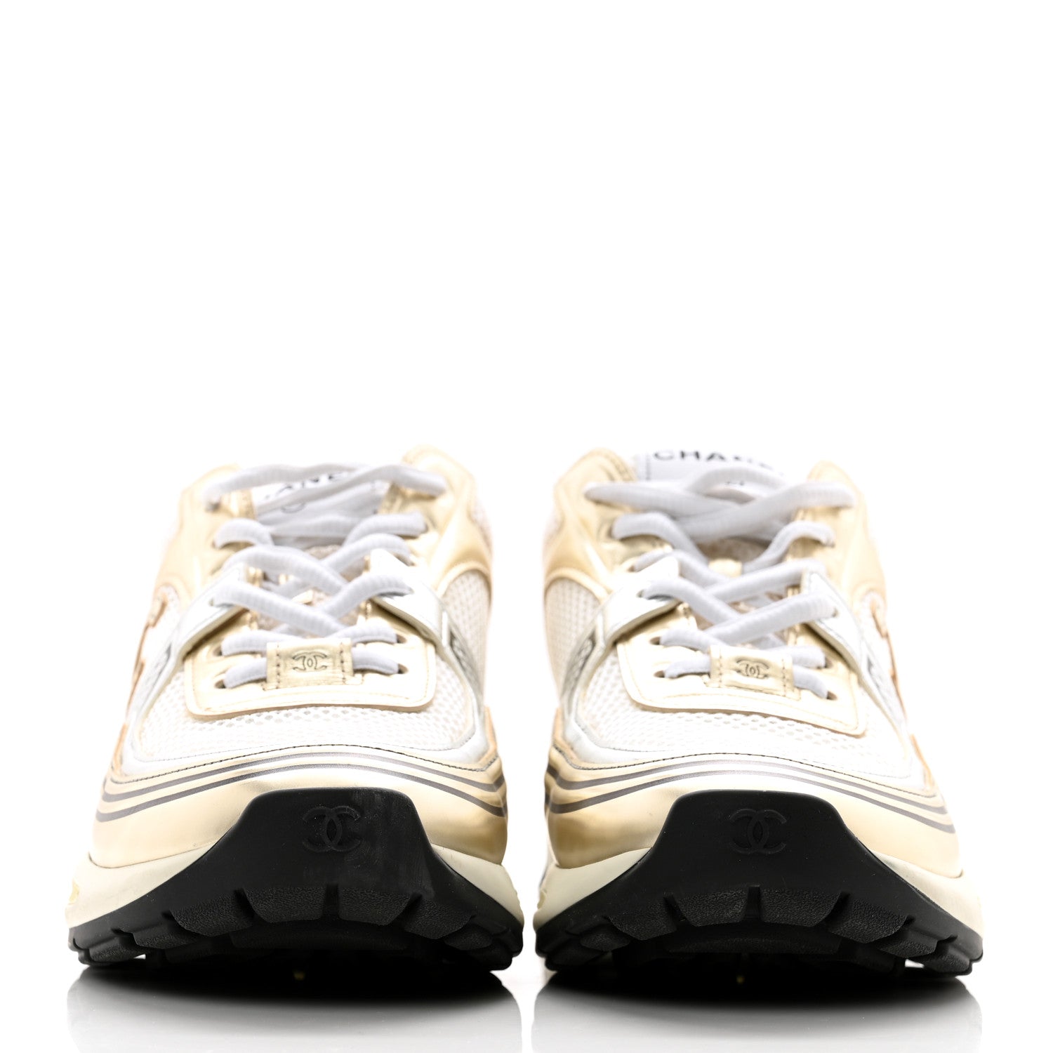 Chanel Fabric Laminated Calfskin Stretch CC Sneakers 39 White Gold Silver 2 of 11