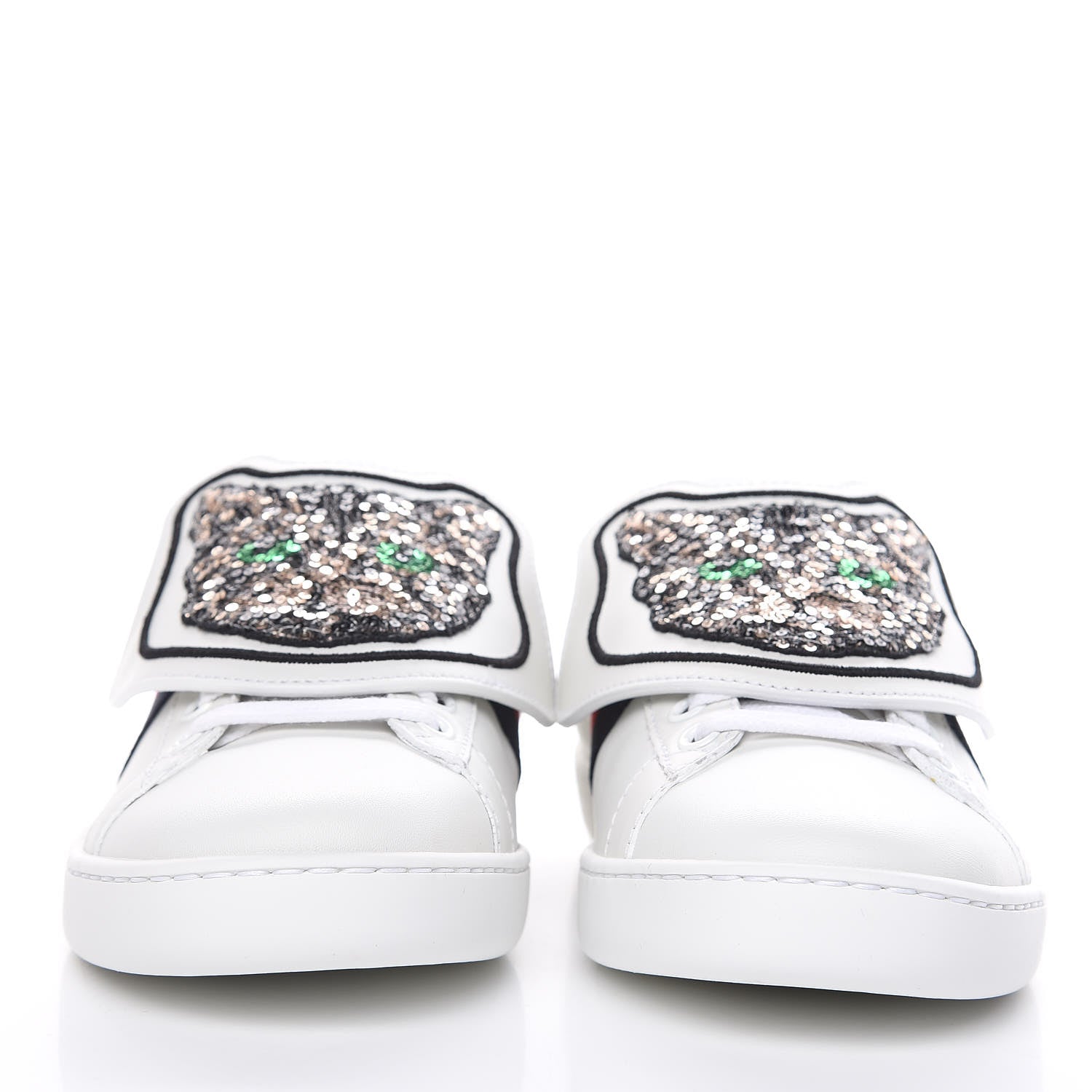 Gucci Calfskin Sequins Web Cat Womens Ace Sneakers 36 White 2 of 11