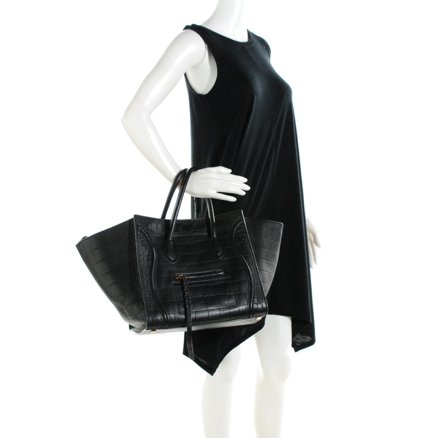 Celine Crocodile Embossed Calfskin Medium Phantom Luggage Black 2 of 9
