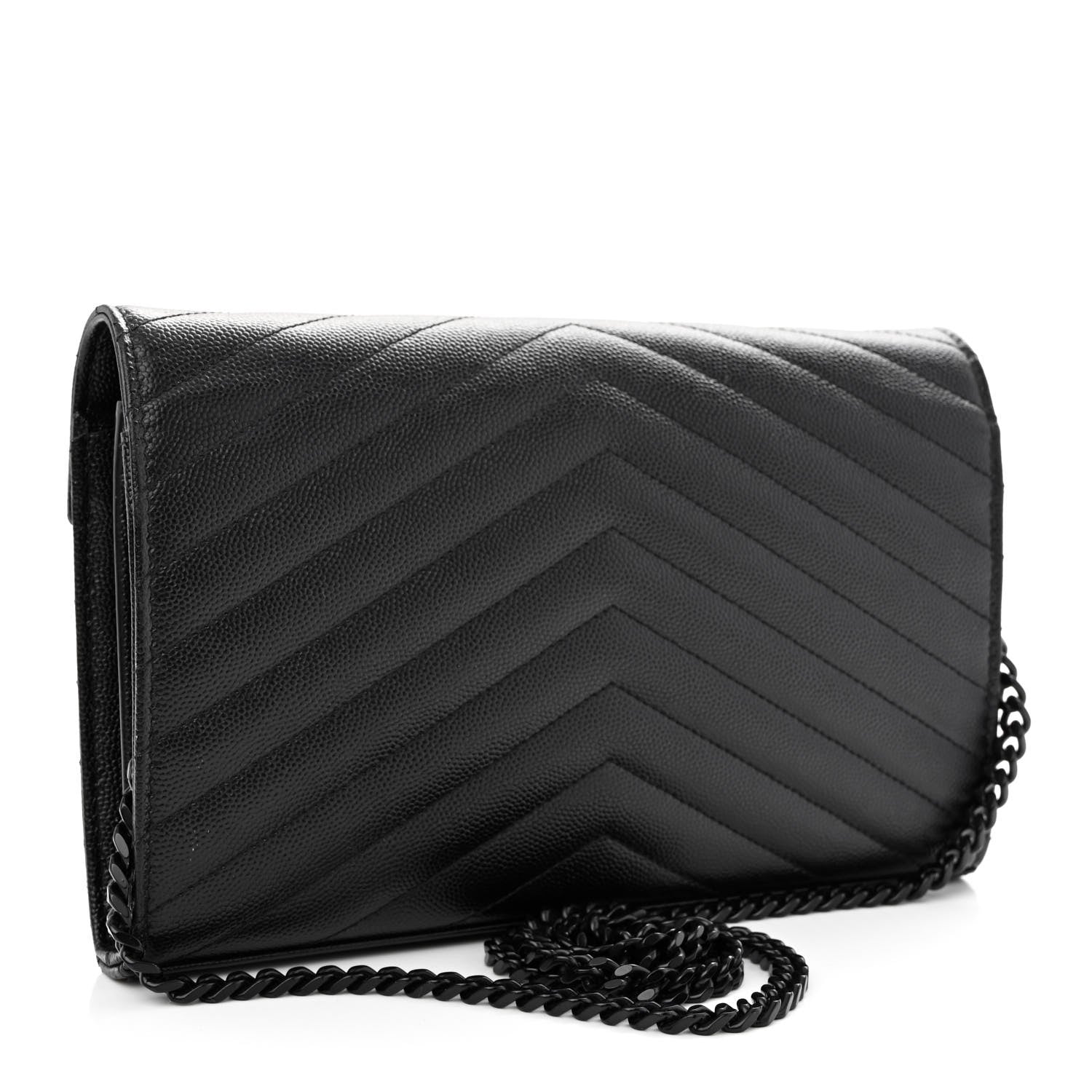 Saint Laurent Grain De Poudre Matelasse Chevron Monogram Monochrome Chain Wallet Black 2 of 9