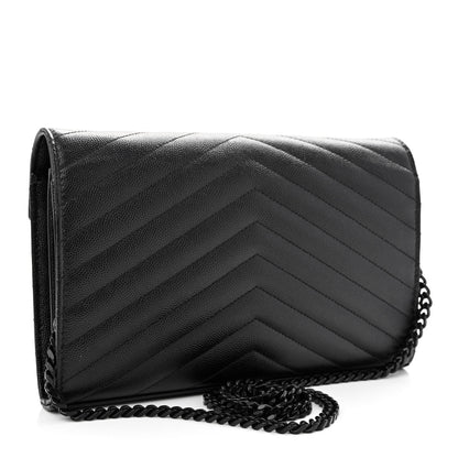 Saint Laurent Grain De Poudre Matelasse Chevron Monogram Monochrome Chain Wallet Black 2 of 9