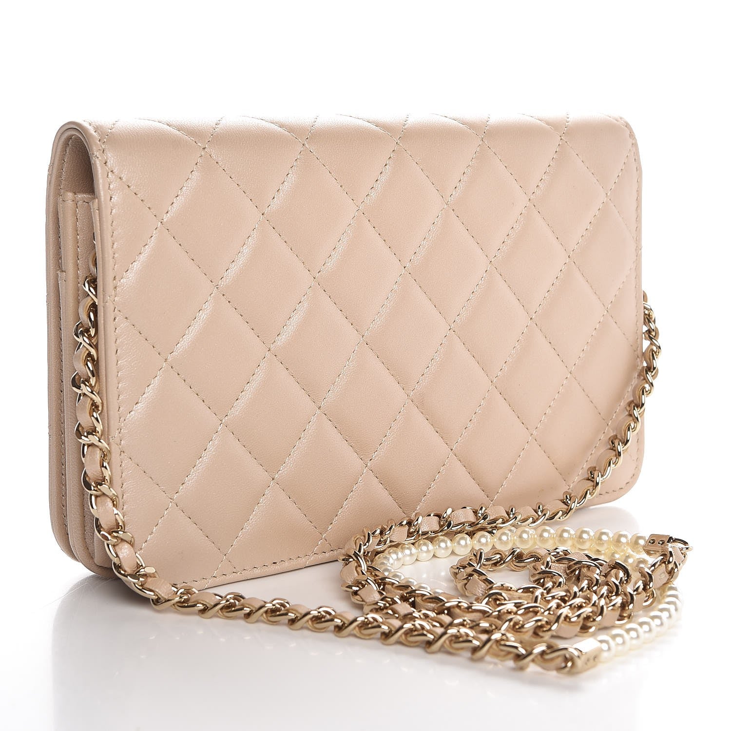 Chanel Iridescent Lambskin Quilted Pearl Wallet On Chain WOC Light Beige 2 of 13