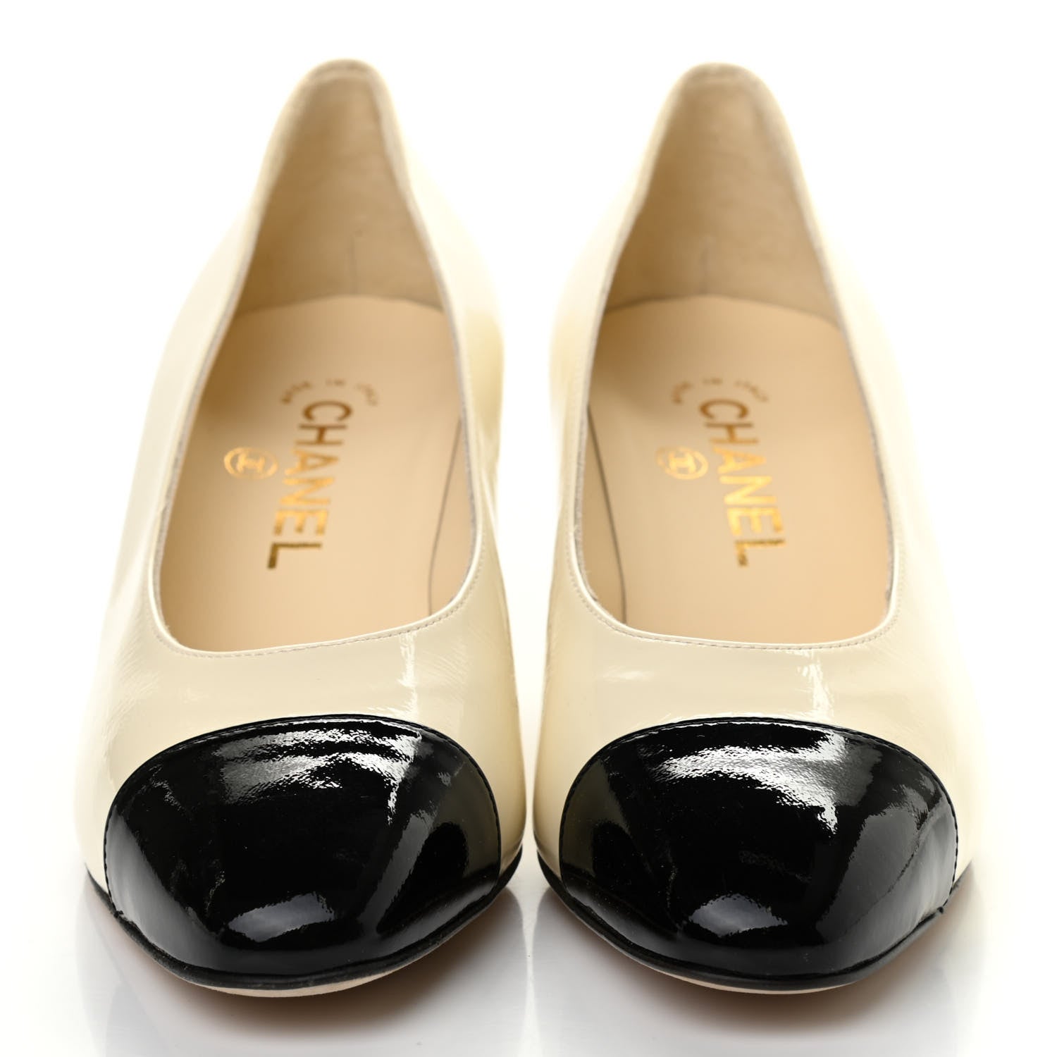 Chanel Patent Calfskin Cap Toe Pumps 37 Beige Black 2 of 10