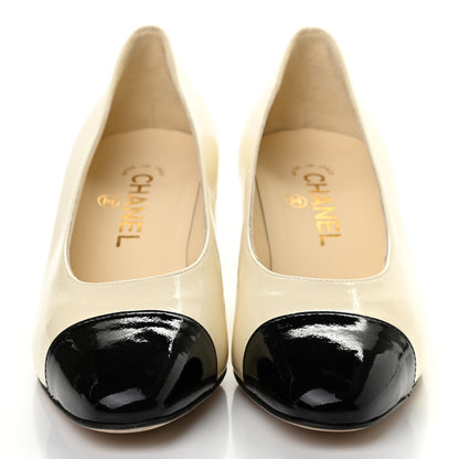 Chanel Patent Calfskin Cap Toe Pumps 37 Beige Black 2 of 10