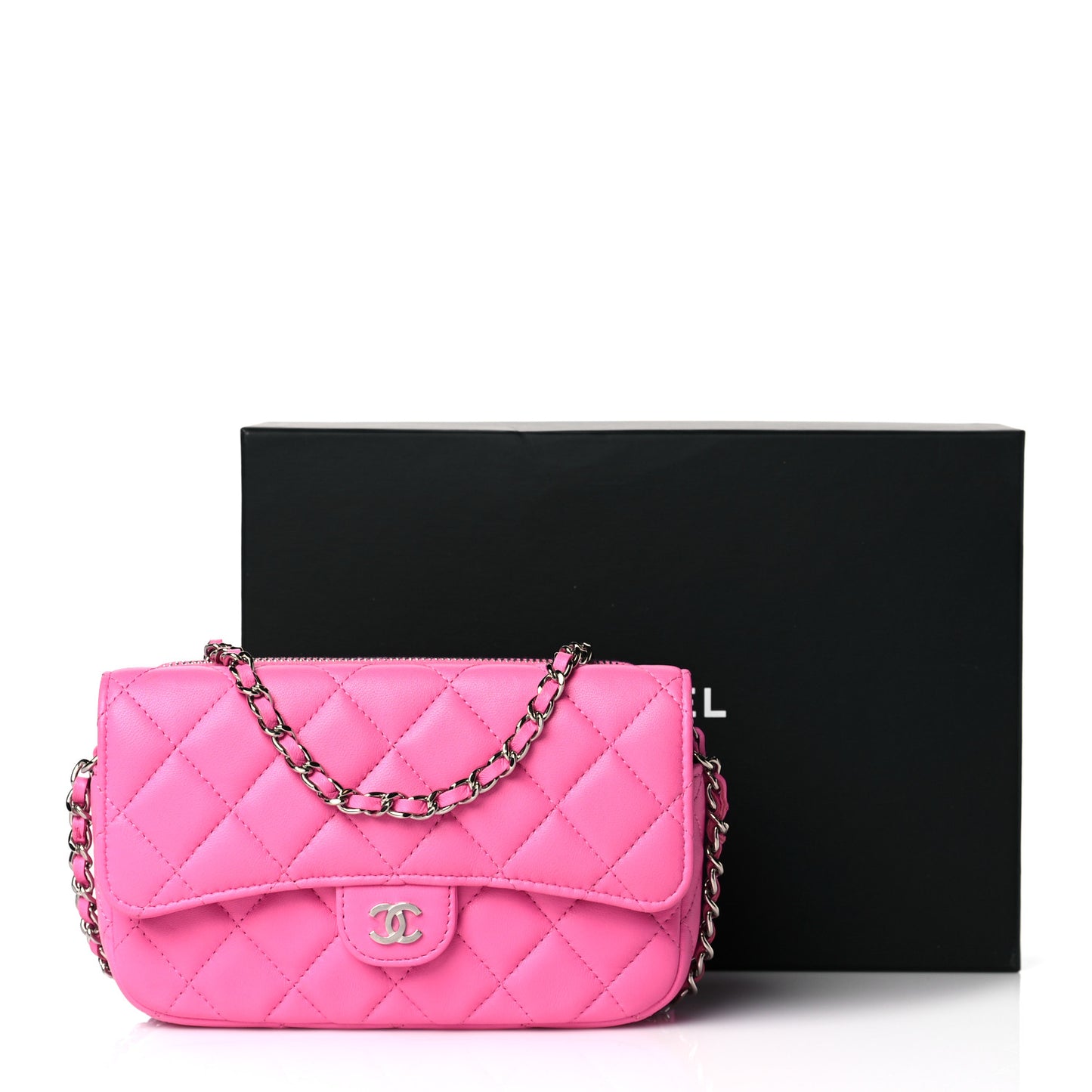 Lambskin Quilted Flap Phone Holder With Chain Neon Pink
