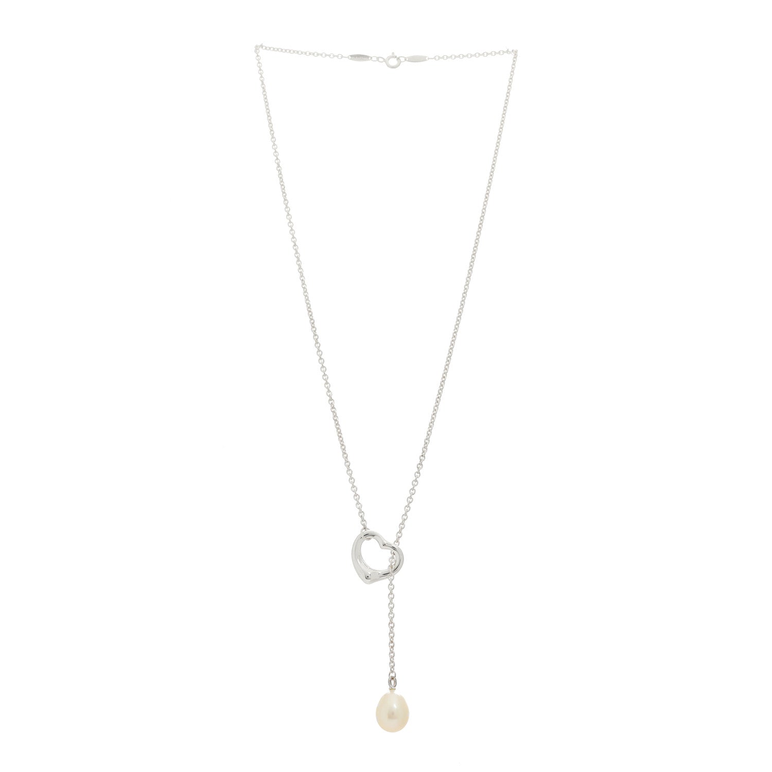 Tiffany Sterling Silver Cultured Pearl 9.5-11.5mm Elsa Peretti Open Heart Lariat Necklace 3 of 5
