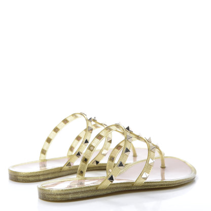 Valentino Garavani PVC Jelly Glitter Rockstud Caged Flat Thong Sandals 35 Oro 4 of 9