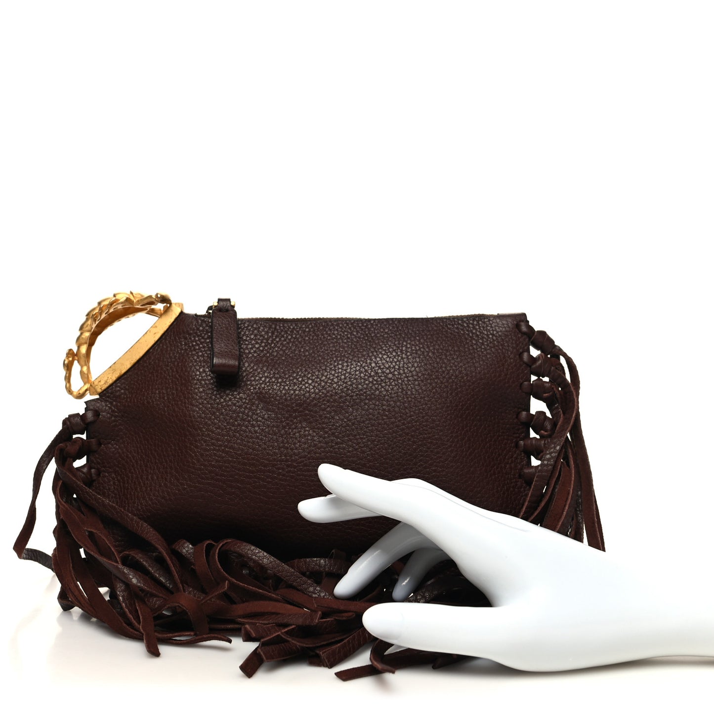 Calfskin C-Rockee Sagittarius Fringe Clutch Brown