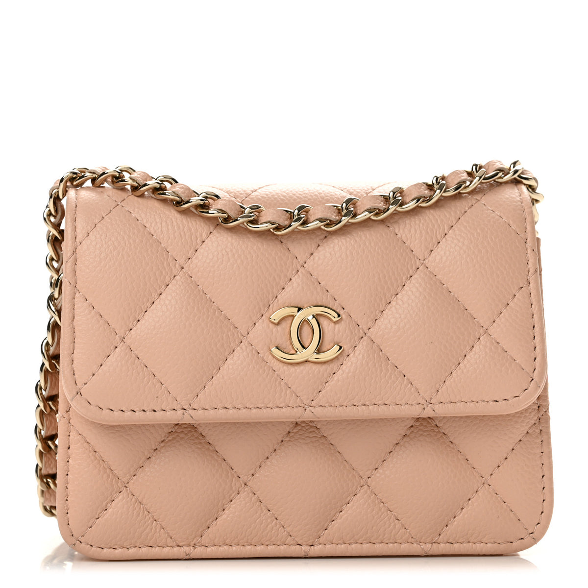 Caviar Quilted Mini Ribbon Clutch With Chain Light Beige