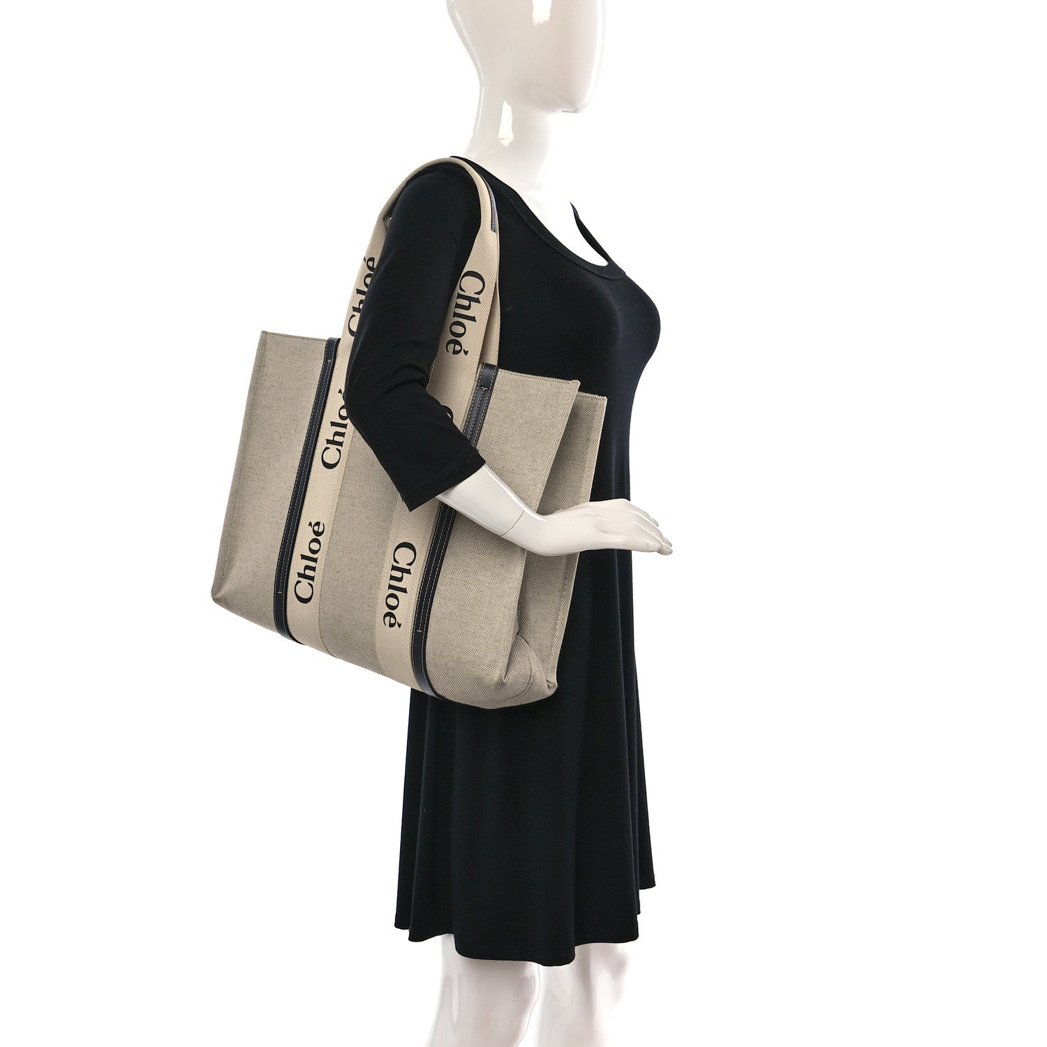 Chloe Cotton Calfskin Large Woody Ribbon Tote White Black 2 of 15