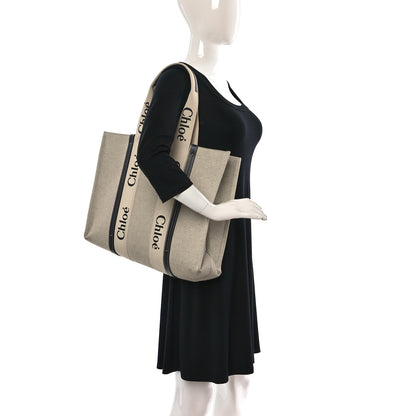 Chloe Cotton Calfskin Large Woody Ribbon Tote White Black 2 of 15