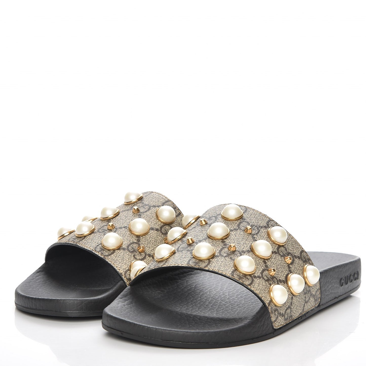 GG Supreme Monogram Pearls Slide Sandals 38 Beige