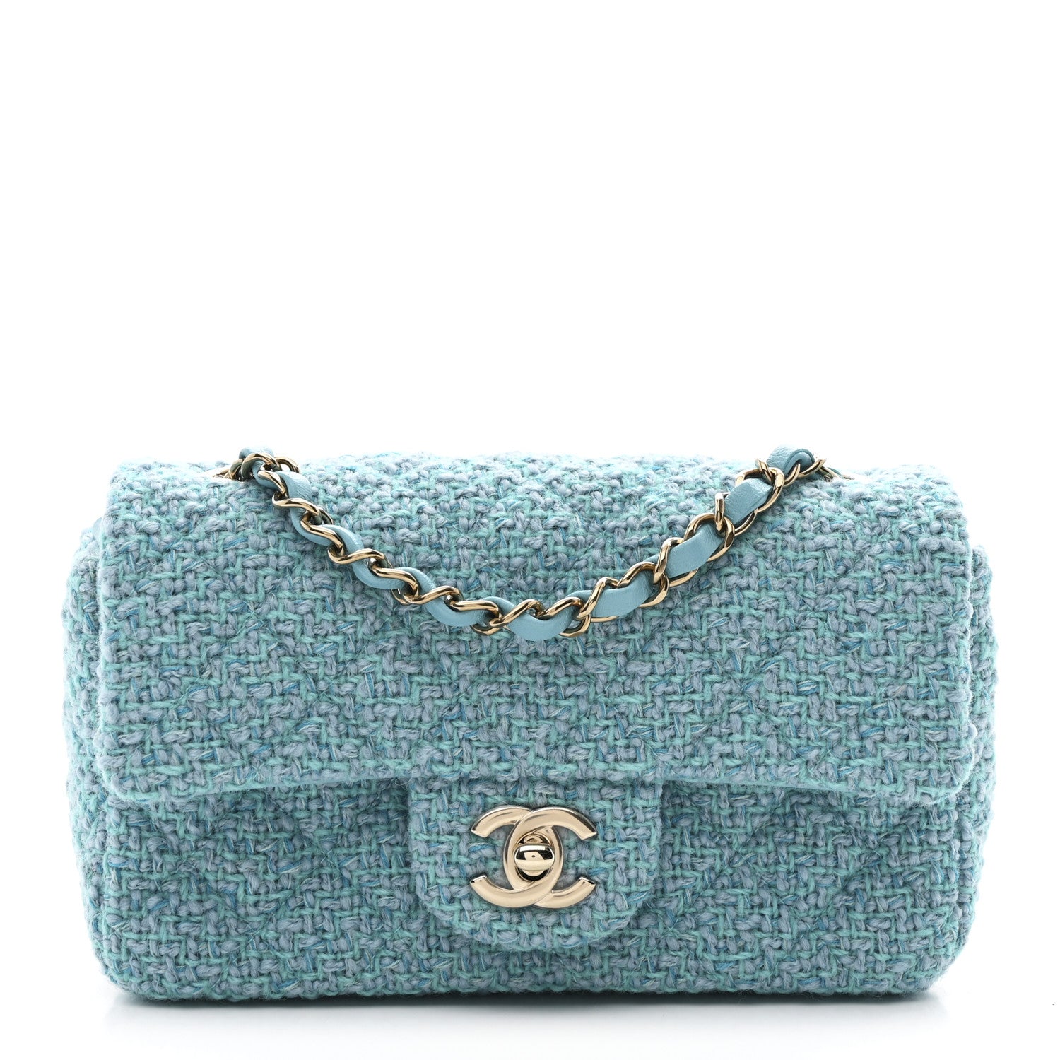 Chanel Wool Tweed Quilted Mini Rectangular Flap Turquoise Light Blue 1 of 11