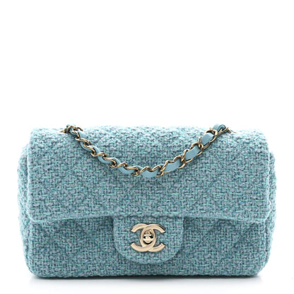 Chanel Wool Tweed Quilted Mini Rectangular Flap Turquoise Light Blue 1 of 11