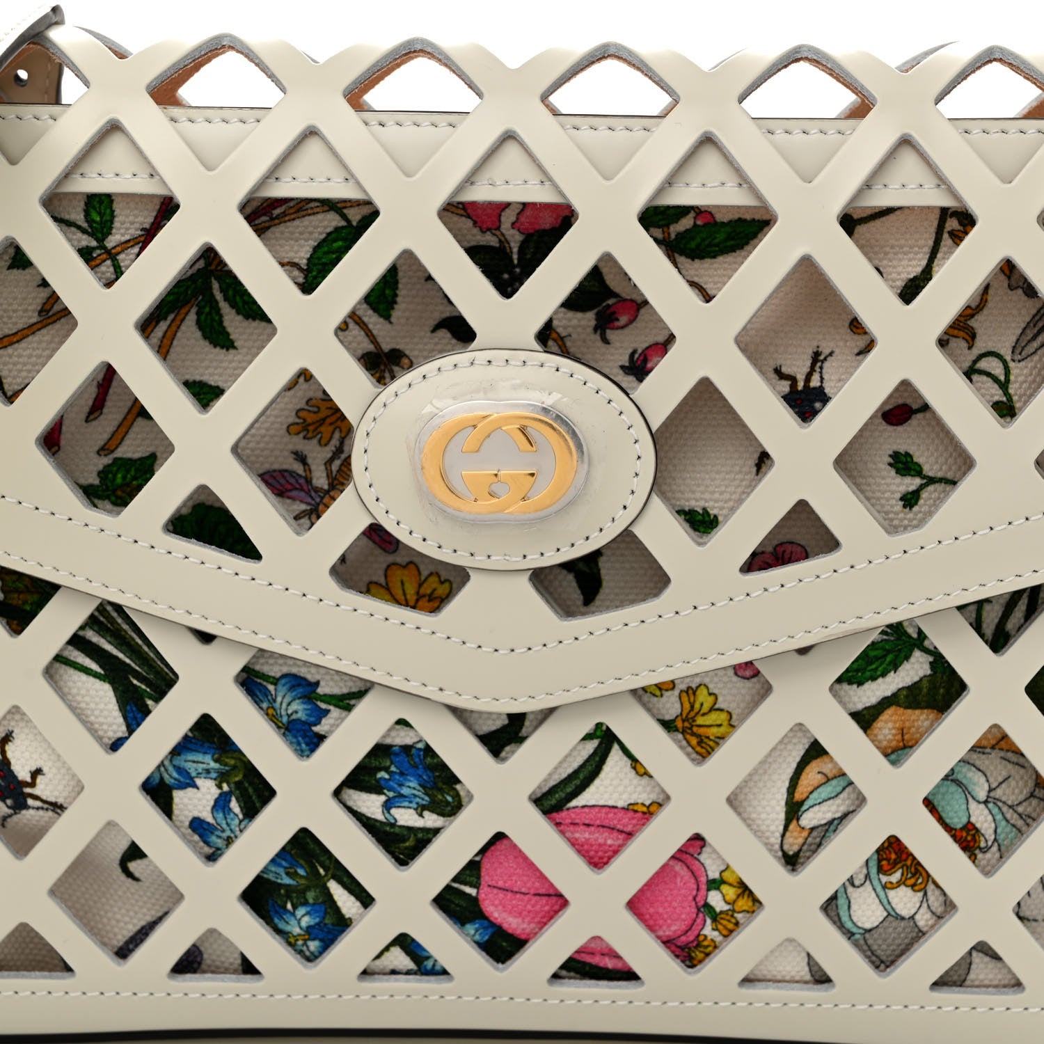 Gucci Canvas Flora Floral Calfskin Medium Cutout Shoulder Bag White Multicolor 9 of 11