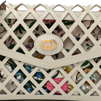 Gucci Canvas Flora Floral Calfskin Medium Cutout Shoulder Bag White Multicolor 9 of 11