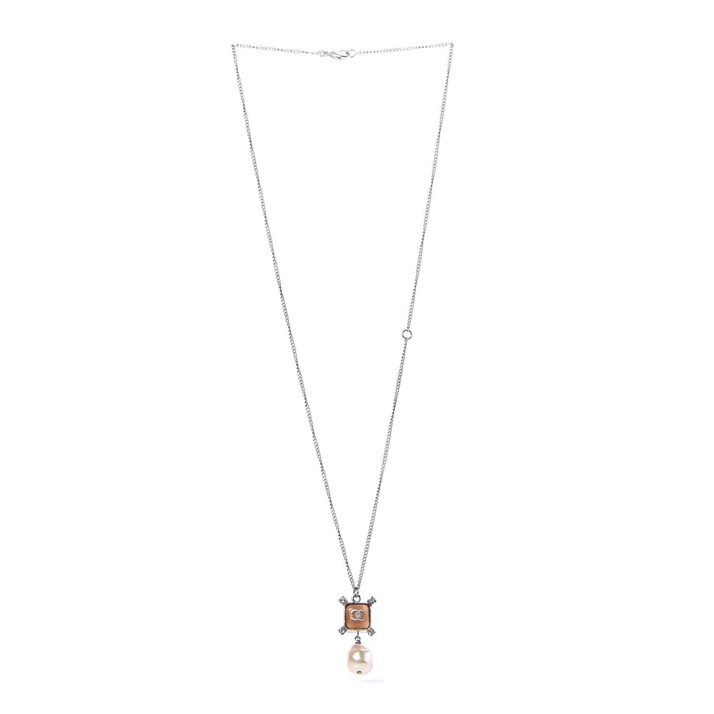 Enamel Pearl Crystal CC Pendant Necklace Silver
