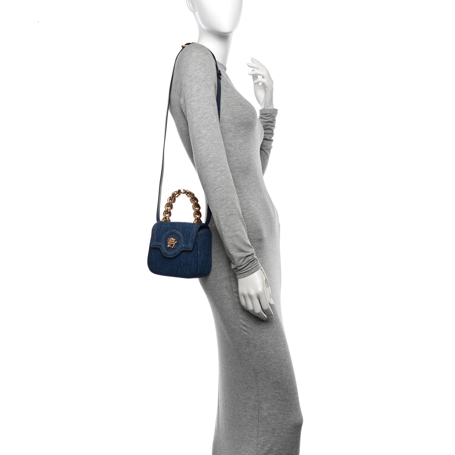 Denim Mini La Medusa Chain Top Handle Bag Navy Blue