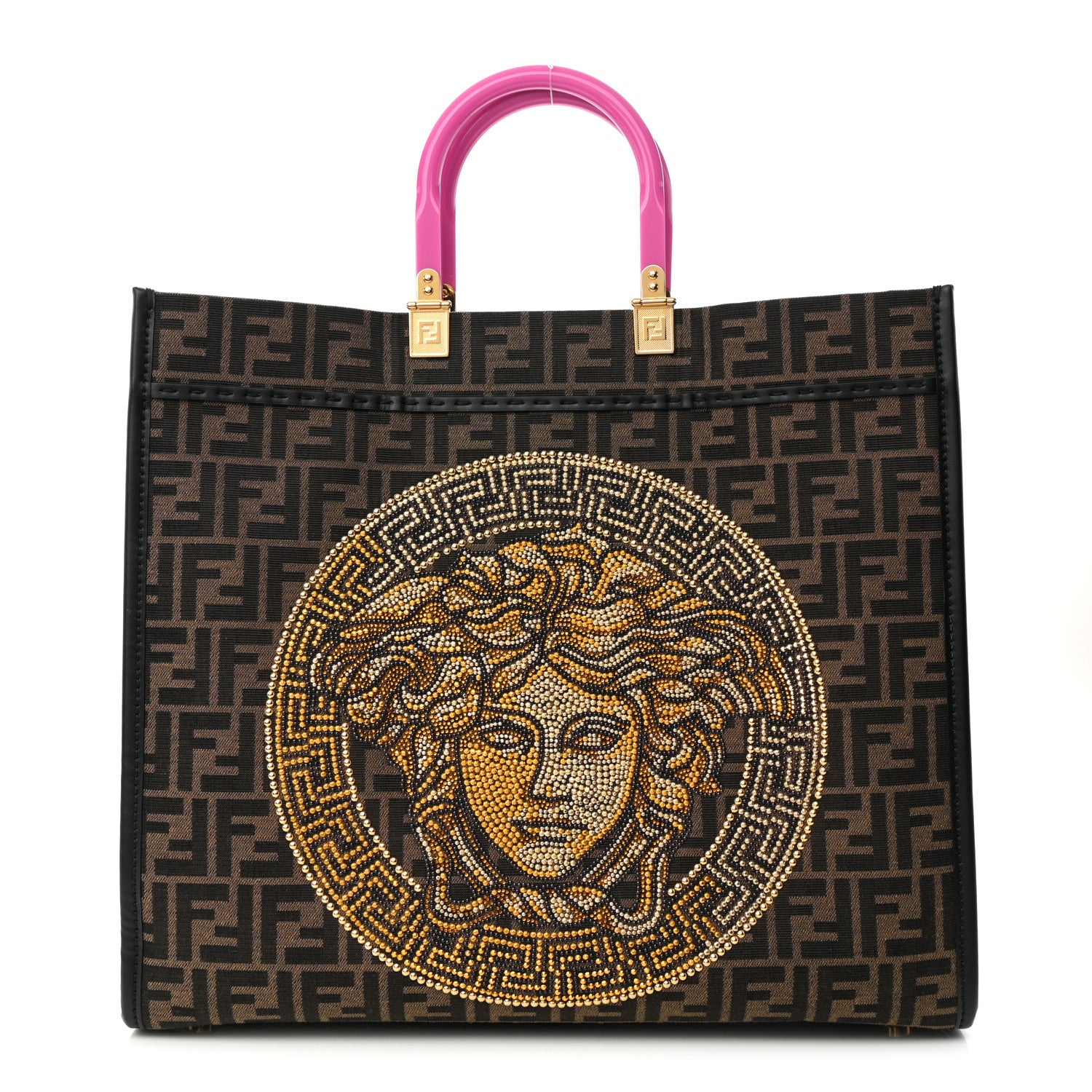 Fendi X VERSACE Fabric Jacquard Calfskin Plexiglass Fendace FF Medusa Studded Large Fendi Sunshine Shopper Tote Marrone Fuxia 1 of 13