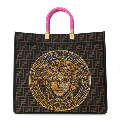 Fendi X VERSACE Fabric Jacquard Calfskin Plexiglass Fendace FF Medusa Studded Large Fendi Sunshine Shopper Tote Marrone Fuxia 1 of 13