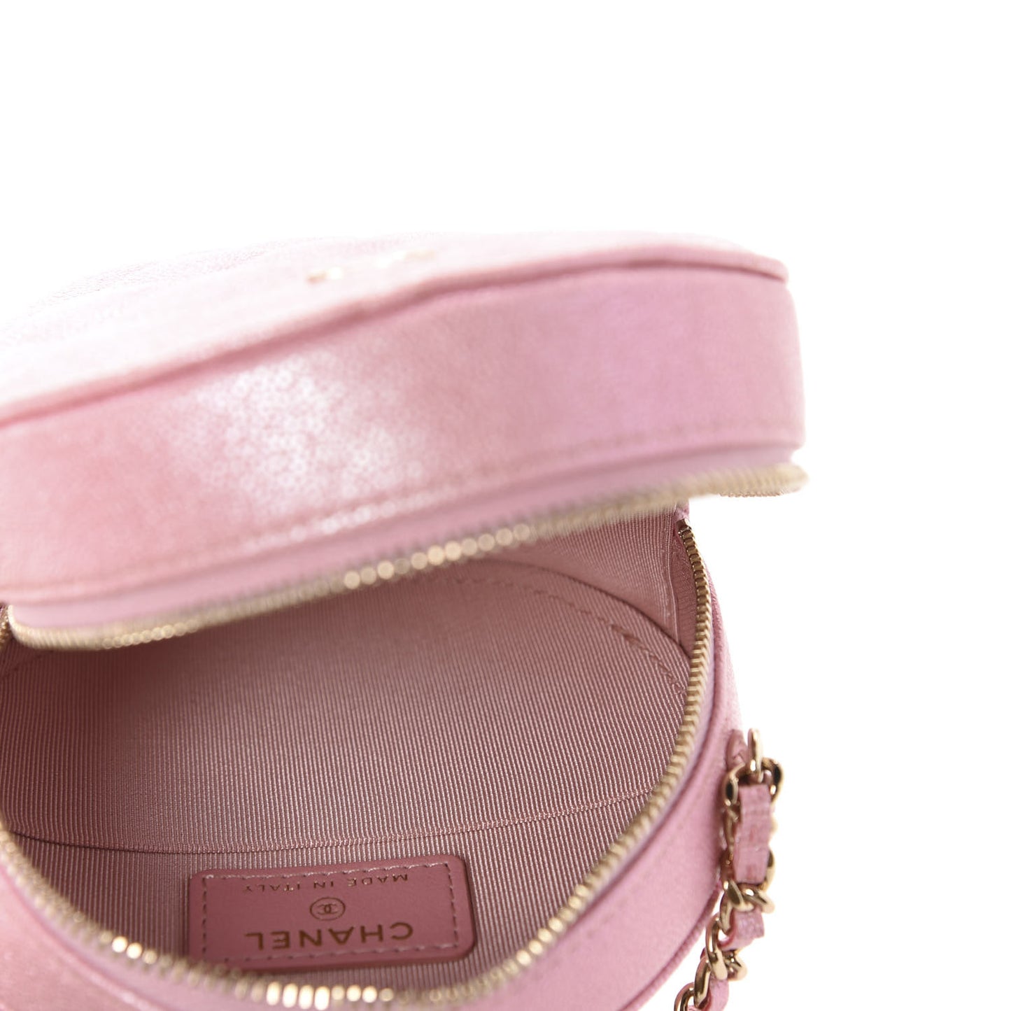 Iridescent Caviar Quilted Round Clutch With Chain Pink