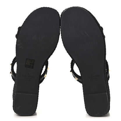 Valentino Garavani Calfskin Rockstud Torchon Espadrille Caged 25/95mm Wedge Sandals 39 Black 6 of 7