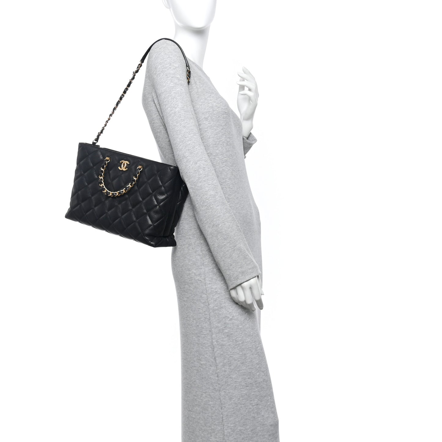 Shiny Caviar Quilted Chain Handle Small Shopping Tote Black