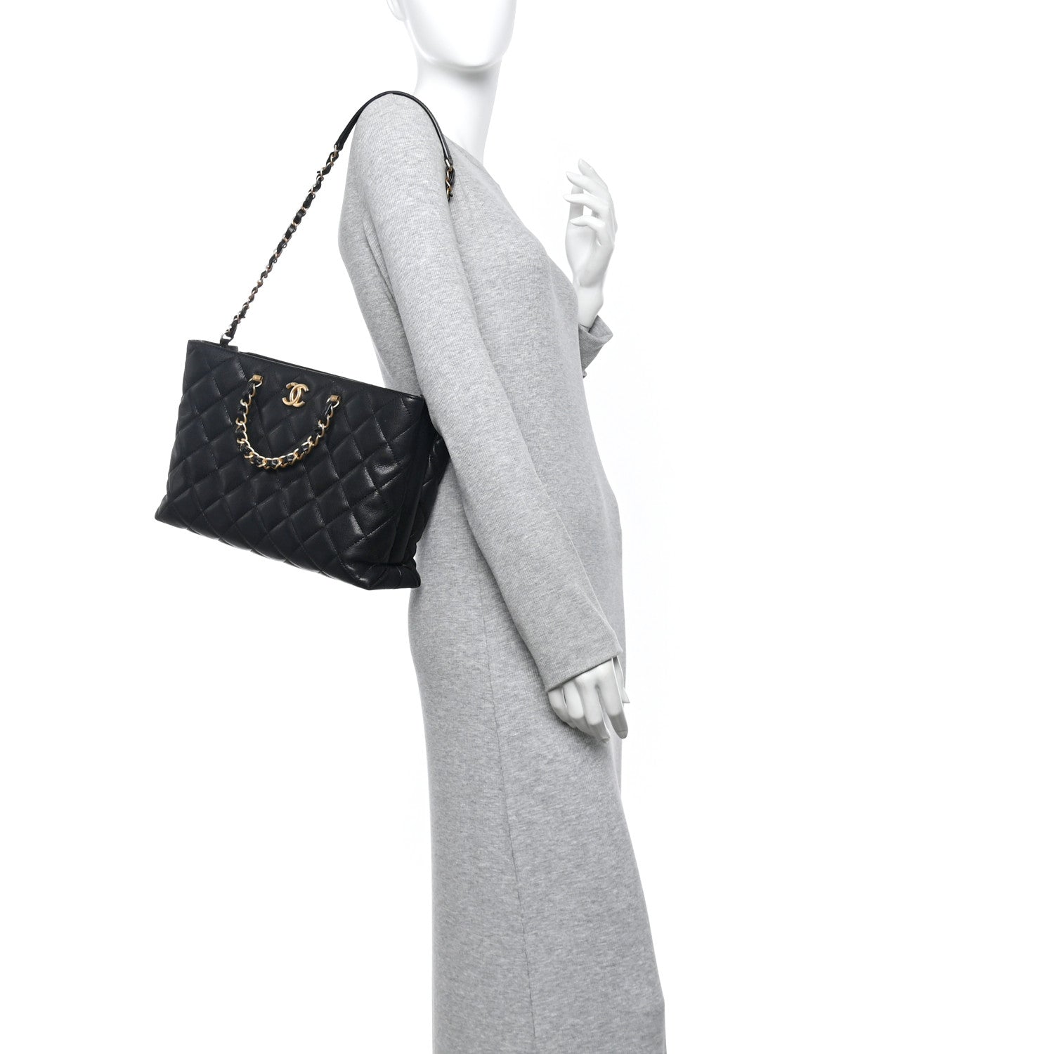 Chanel Shiny Caviar Quilted Chain Handle Small Shopping Tote Black 2 of 14