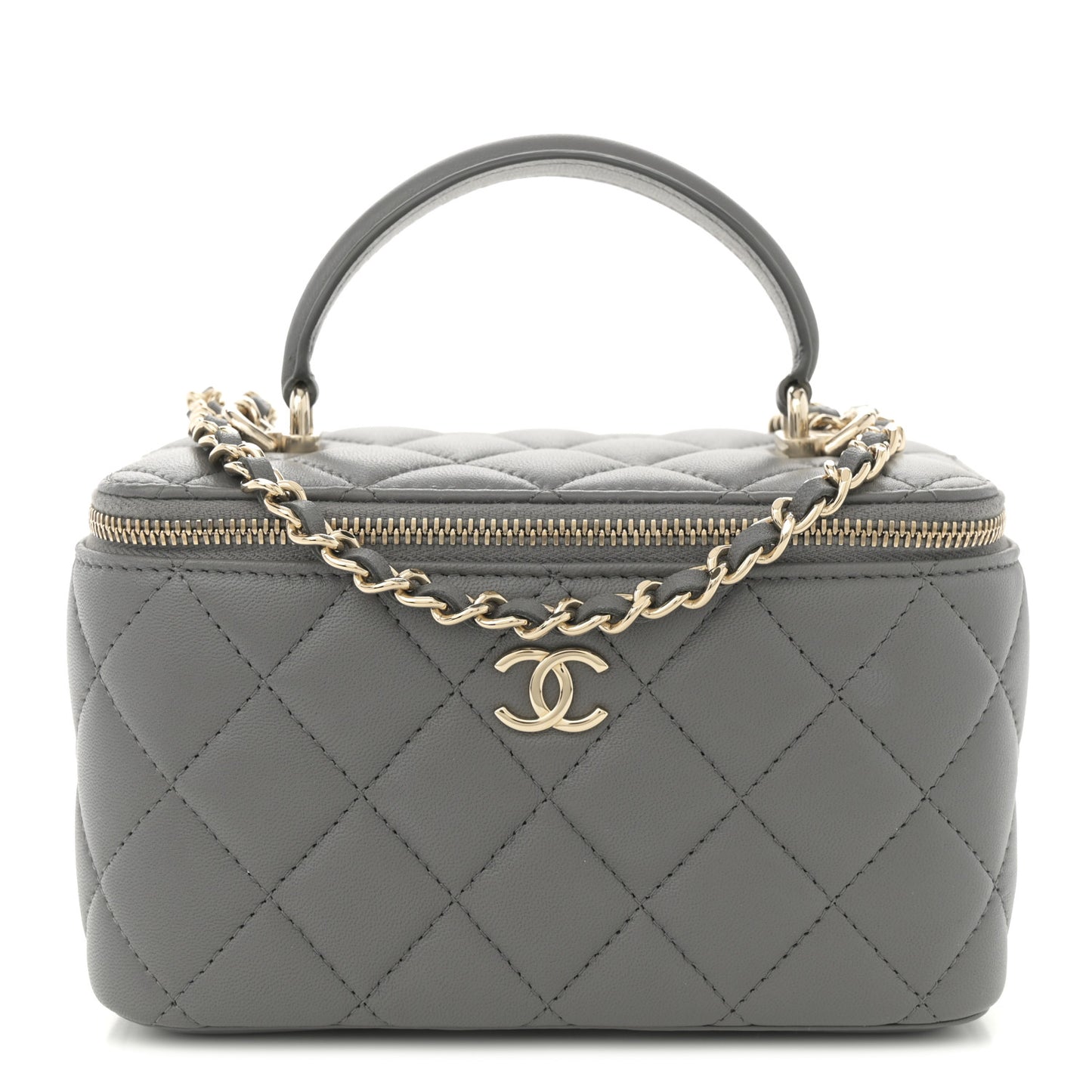 Lambskin Quilted Small Top Handle Vanity Case With Chain Dark Grey