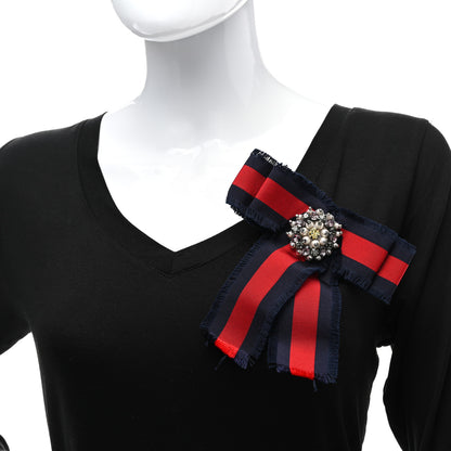 Gucci Grosgrain Web Crystal Bow Brooch Blue Red 2 of 7