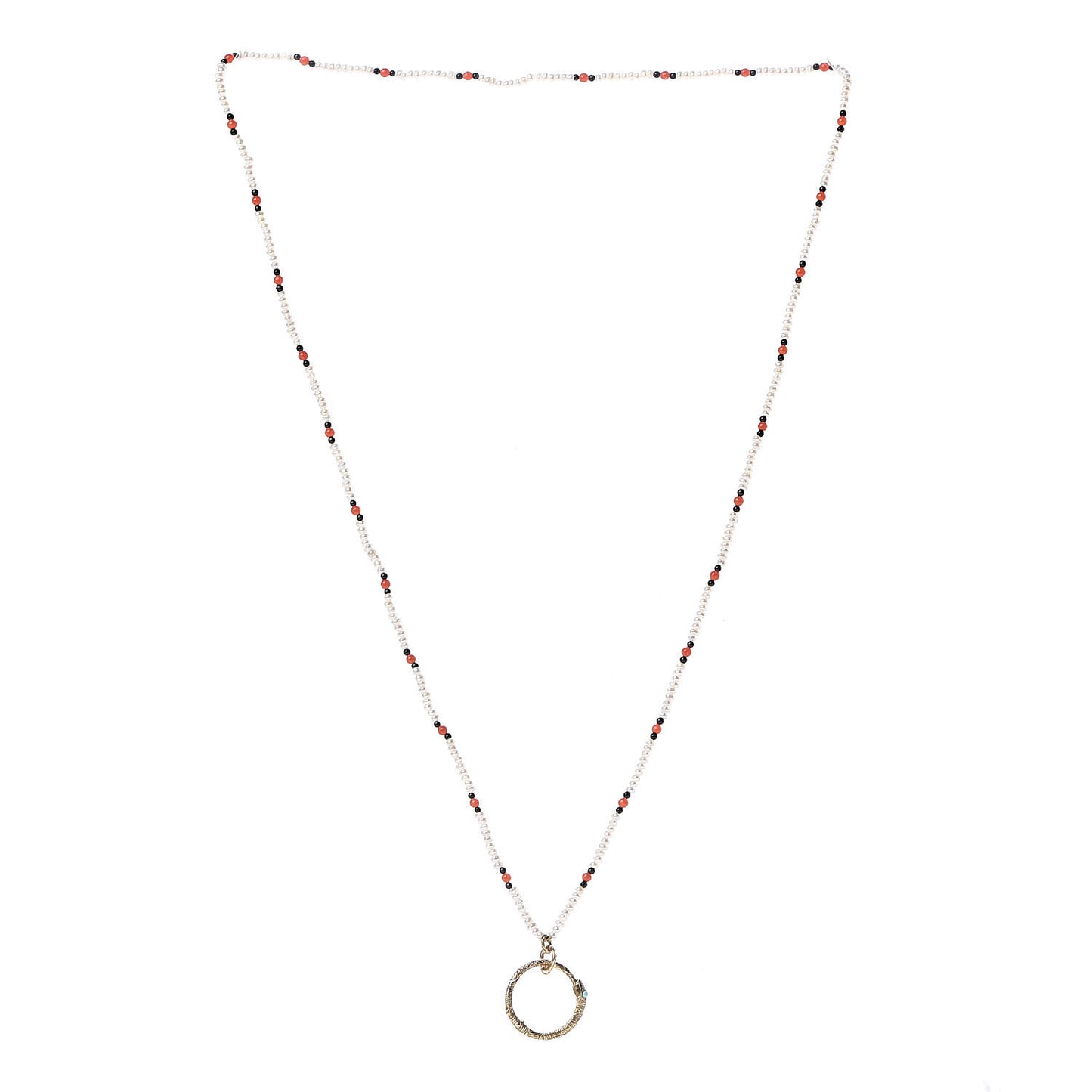18K Yellow Gold Coral Black Onyx Freshwater Pearl Turquoise Ouroboros Pendant Necklace