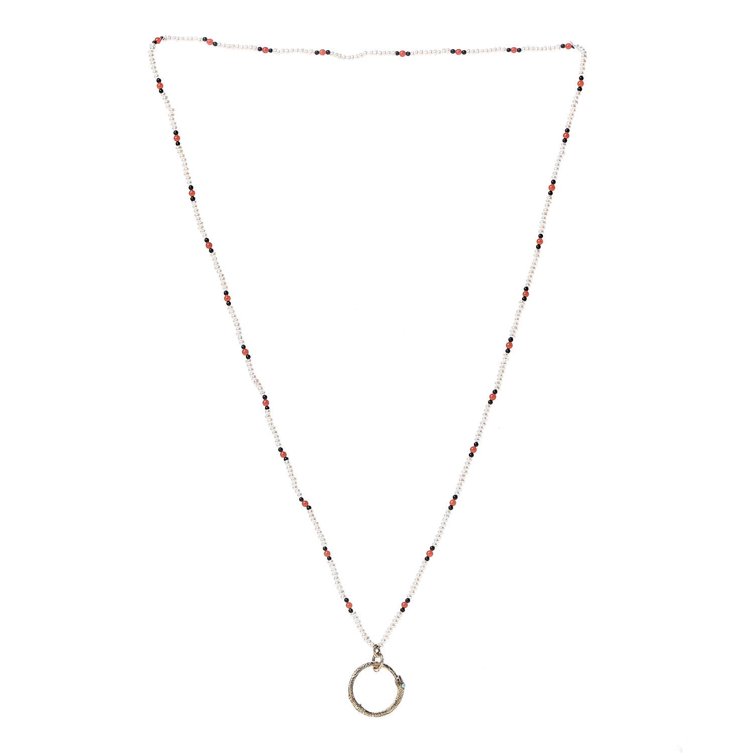 Gucci 18K Yellow Gold Coral Black Onyx Freshwater Pearl Turquoise Ouroboros Pendant Necklace 3 of 4