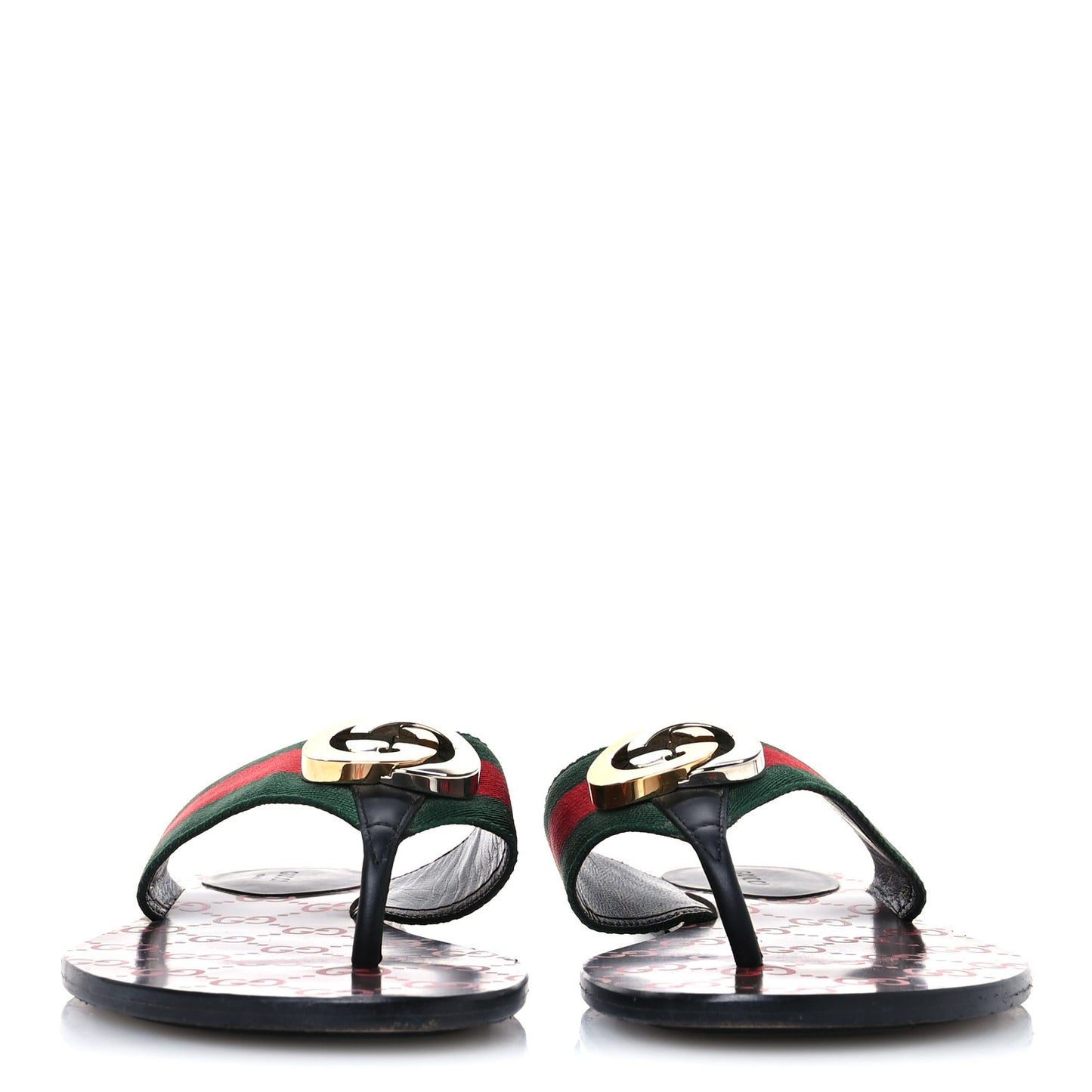 Nylon Calfskin Web GG Monogram Womens Thong Sandals 39 Green Red Cocoa