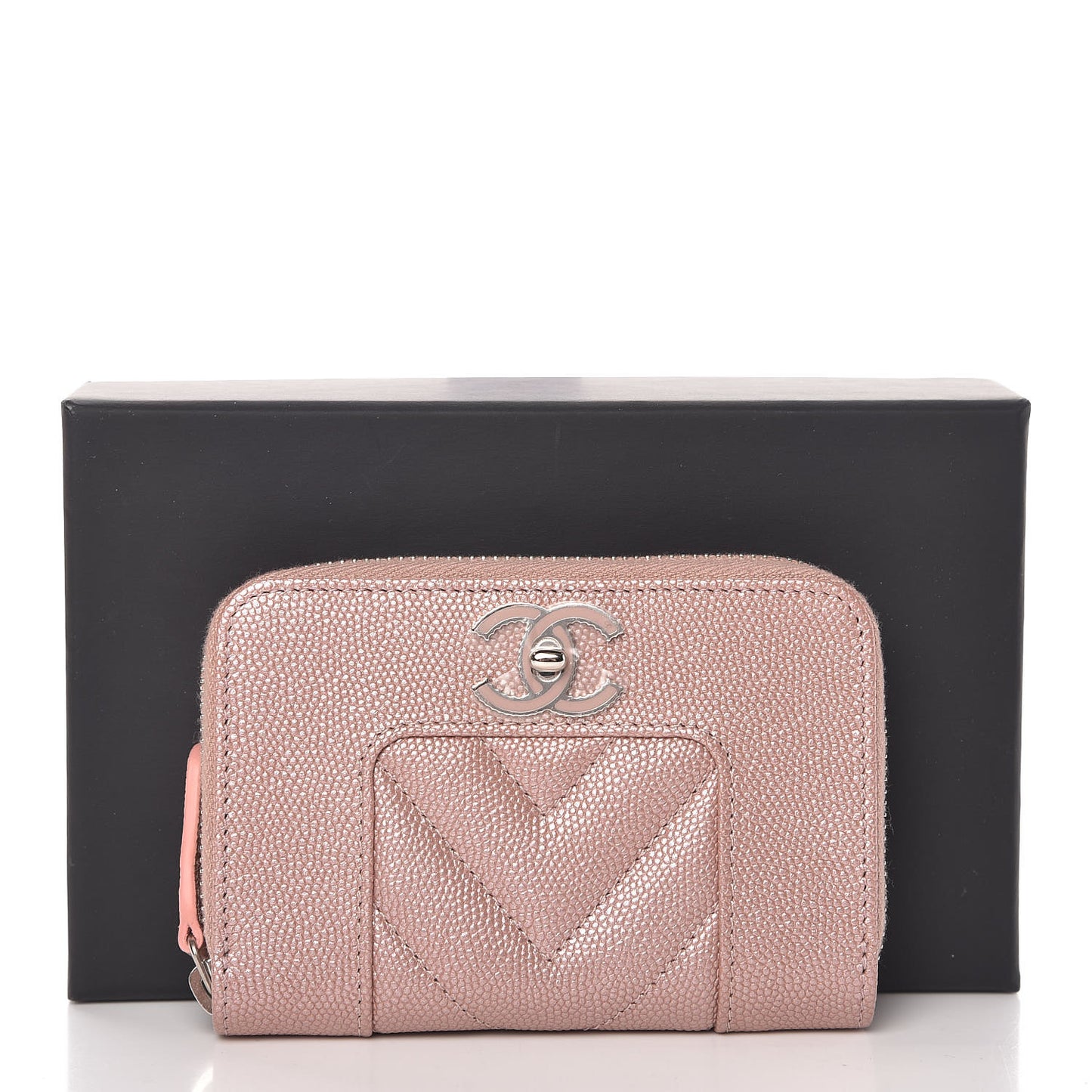 Metallic Caviar Chevron Quilted Vintage Mademoiselle Zip Coin Purse Pink